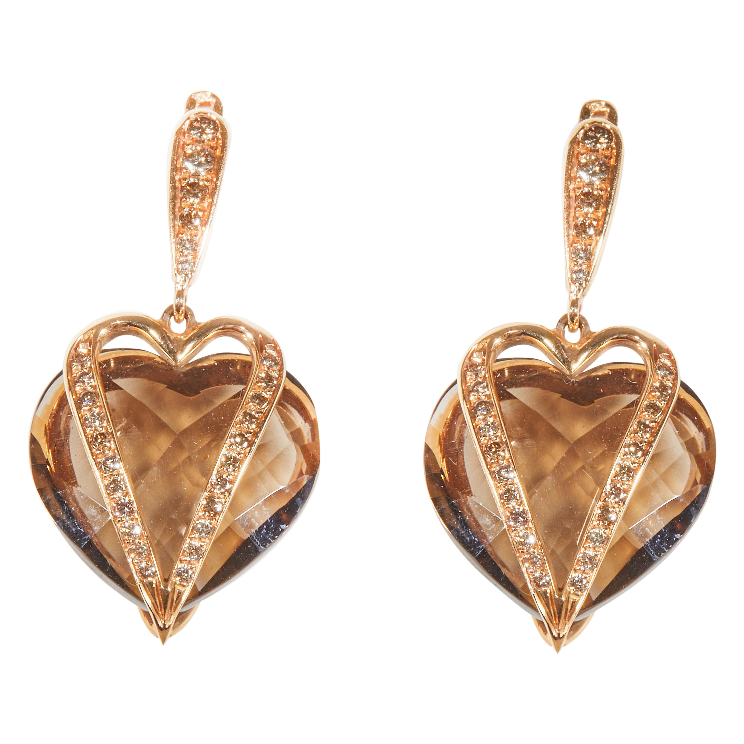 18 Karat Rose Gold Diamond Cognac and Quartz Fume Dangle Earrings For Sale