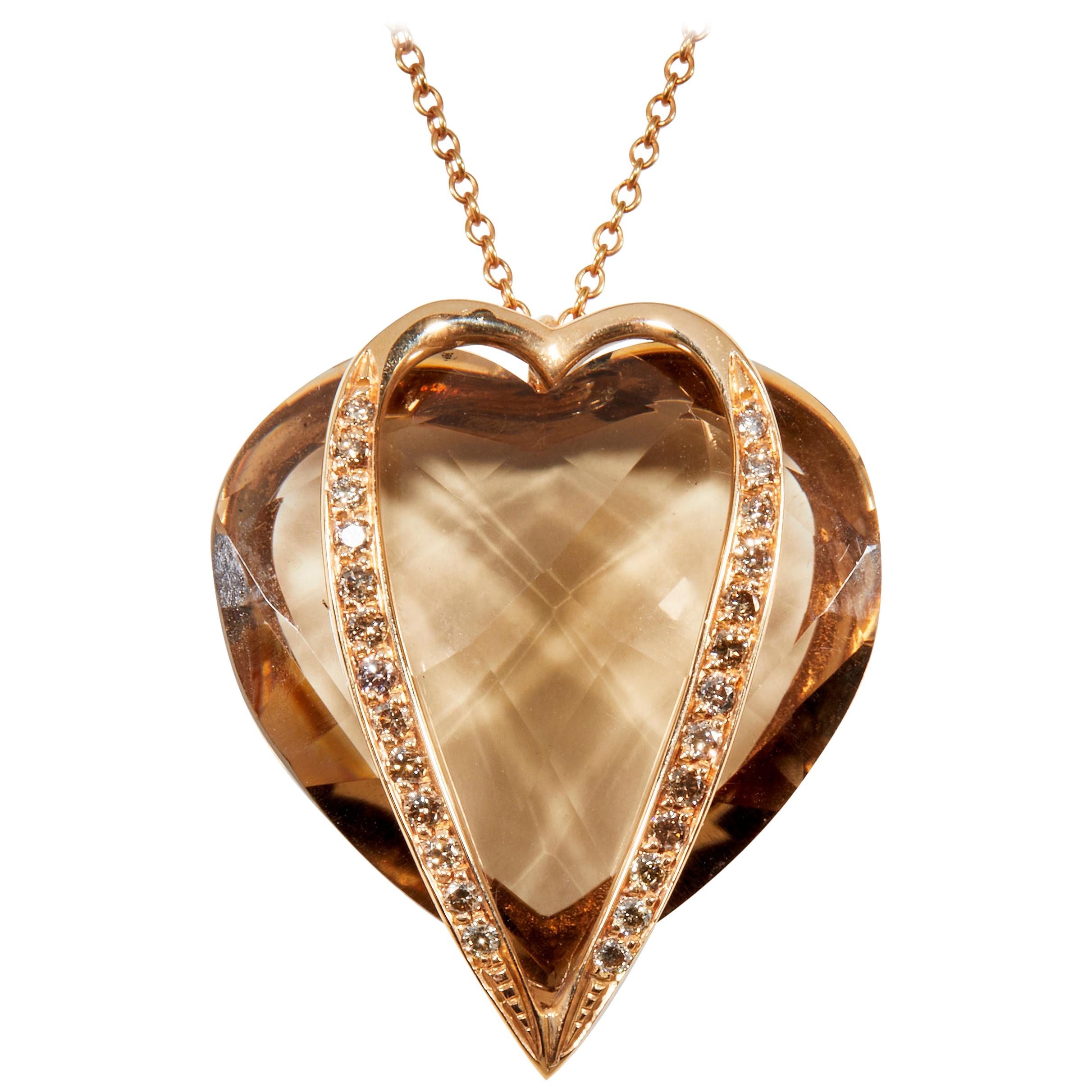 18 Karat Rose Gold Diamond Cognac and Quartz Fume Pendant Necklace For Sale