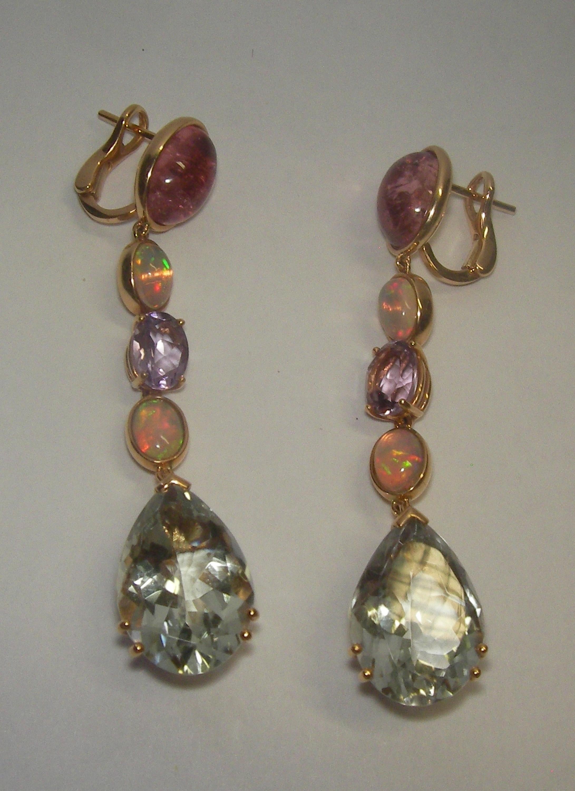Mixed Cut 18 Karat Rose Gold  Color Stones Dangle Earrings For Sale