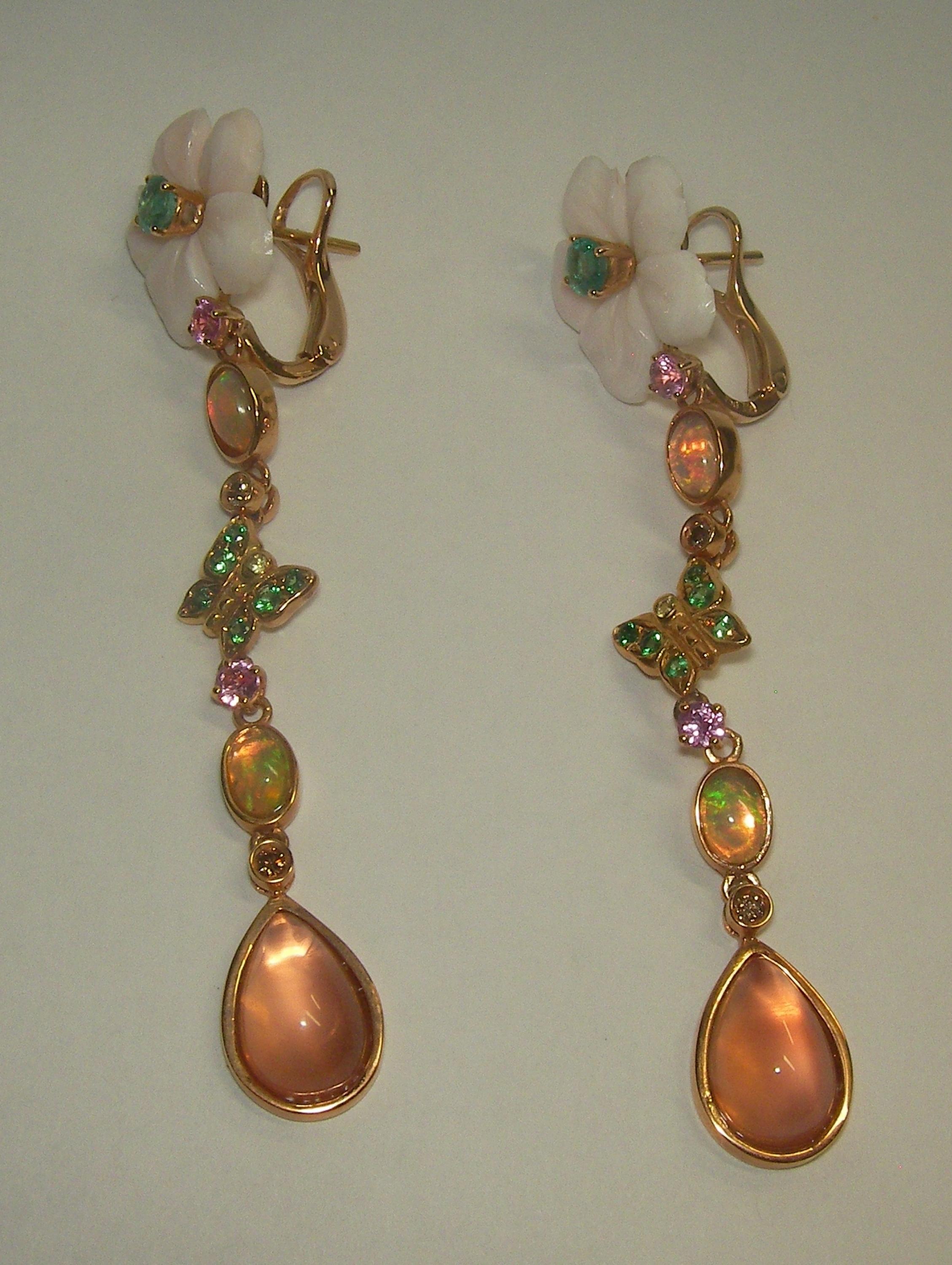 Mixed Cut 18 Karat Rose Gold Diamond Color Stones Dangle Earrings For Sale
