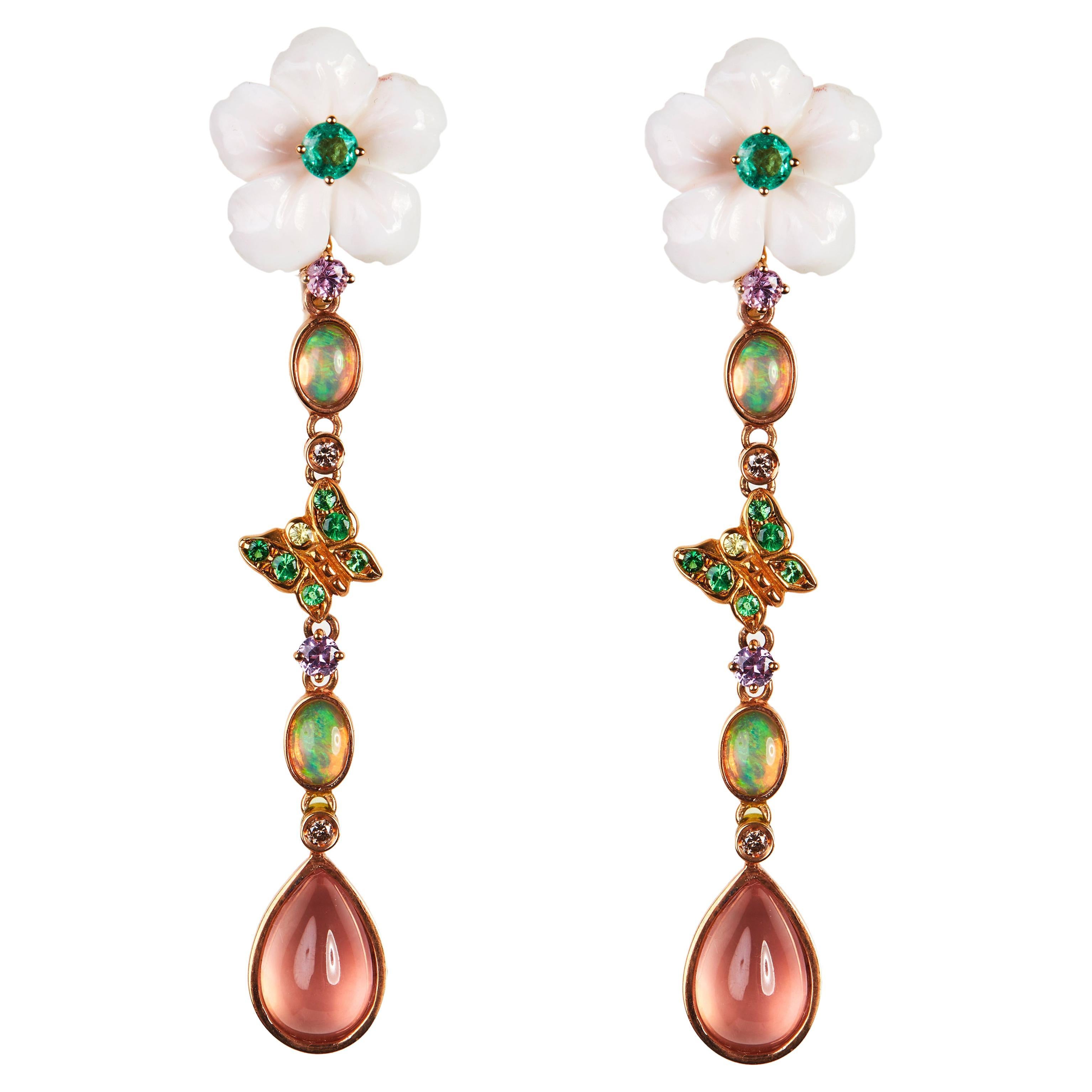 18 Karat Rose Gold Diamond Color Stones Dangle Earrings