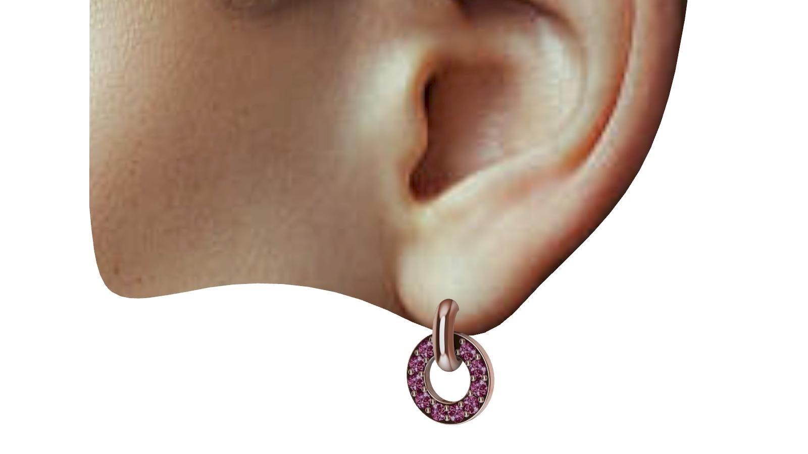  18 Karat Rose Gold Diamond Cut Pink Sapphires Petite Dangle Earrings, These are petite. The hoop earring 14mm x 10.5 mm diameter. Tiny but mighty. All day elegance, day into evening no problem.  These are Pink sapphires , diamond cut  2.0 mm , .80
