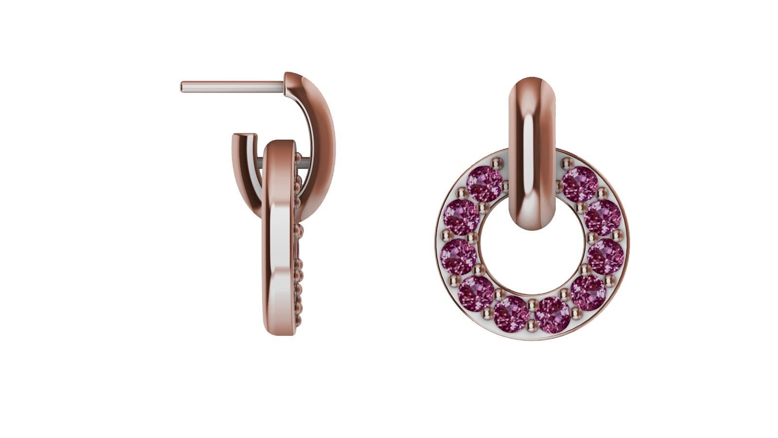 Contemporary 18 Karat Rose Gold Diamond Cut Pink Sapphires Petite Dangle Earrings For Sale