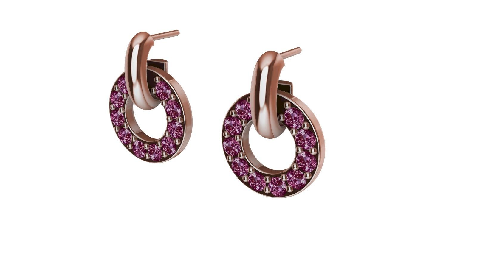 Round Cut 18 Karat Rose Gold Diamond Cut Pink Sapphires Petite Dangle Earrings For Sale