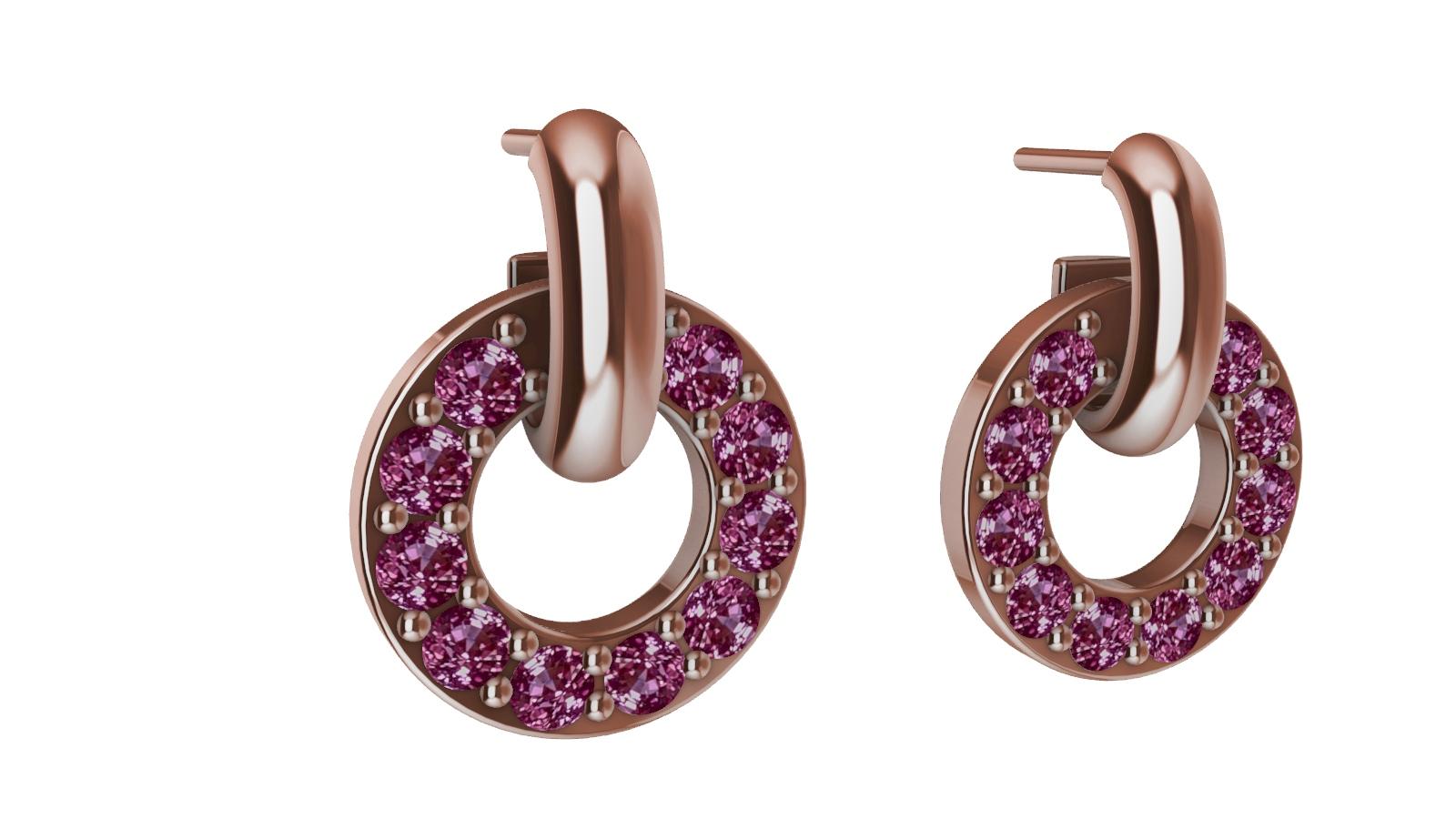 Women's 18 Karat Rose Gold Diamond Cut Pink Sapphires Petite Dangle Earrings For Sale