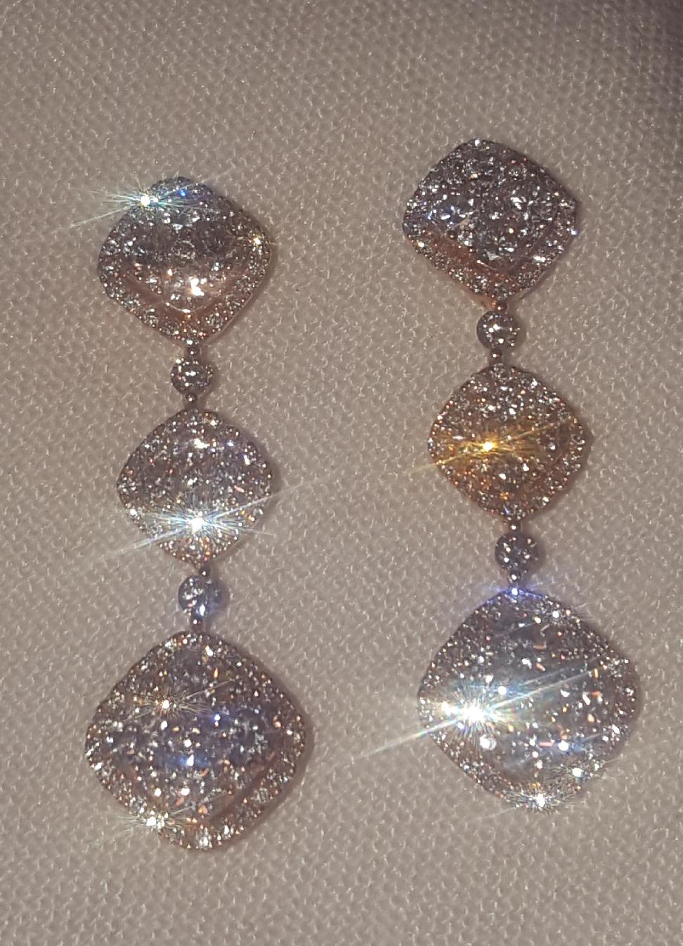 Contemporary 18 Karat Rose Gold Diamond Dangle Pierced Earrings For Sale