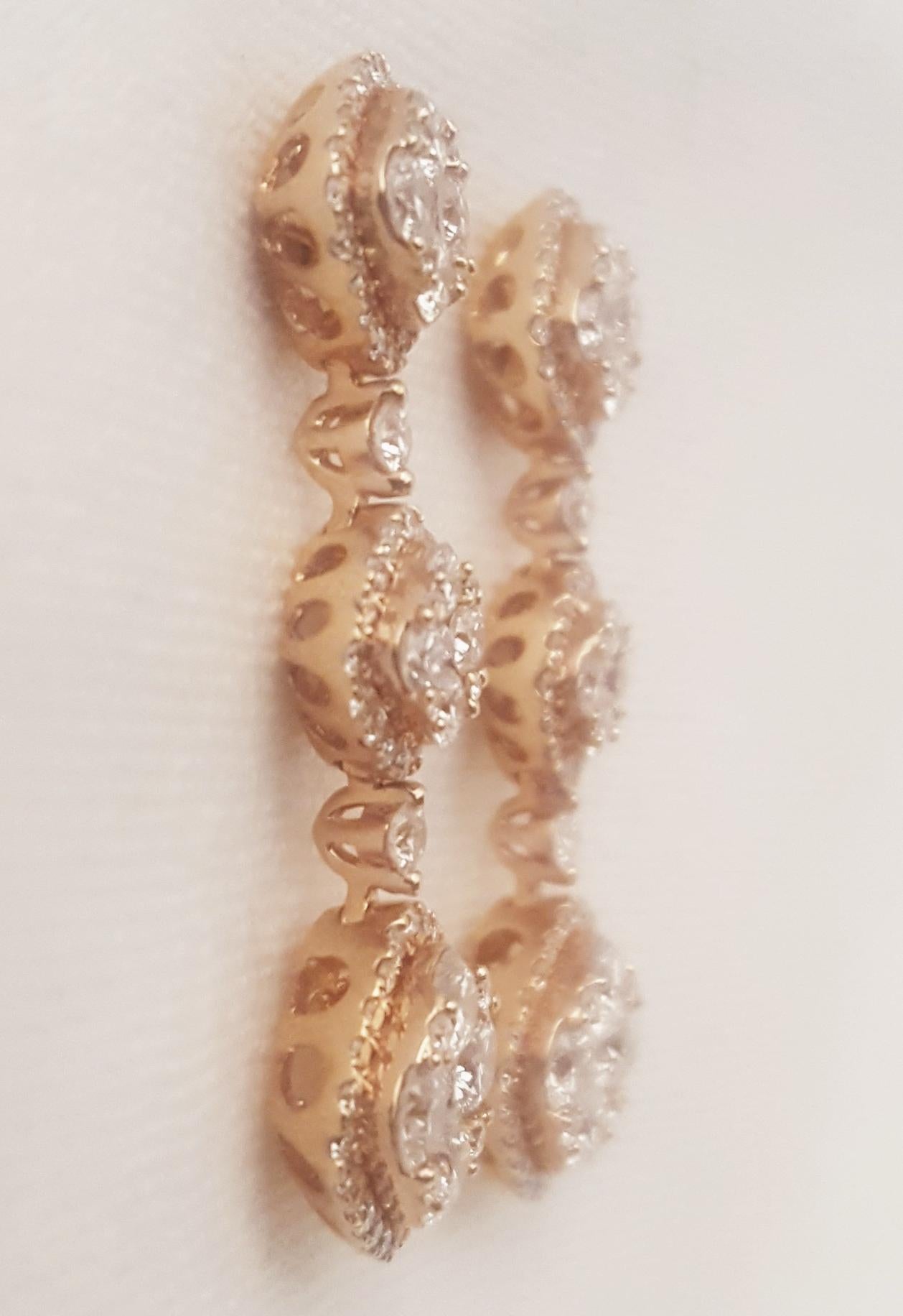 18 Karat Rose Gold Diamond Dangle Pierced Earrings In New Condition For Sale In Palm Beach, FL