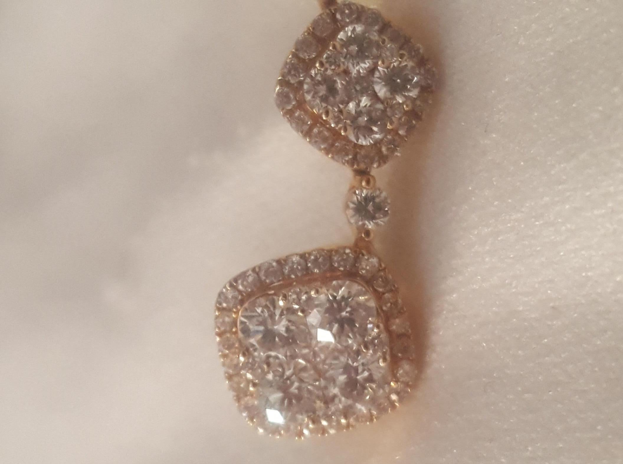 Women's 18 Karat Rose Gold Diamond Dangle Pierced Earrings For Sale