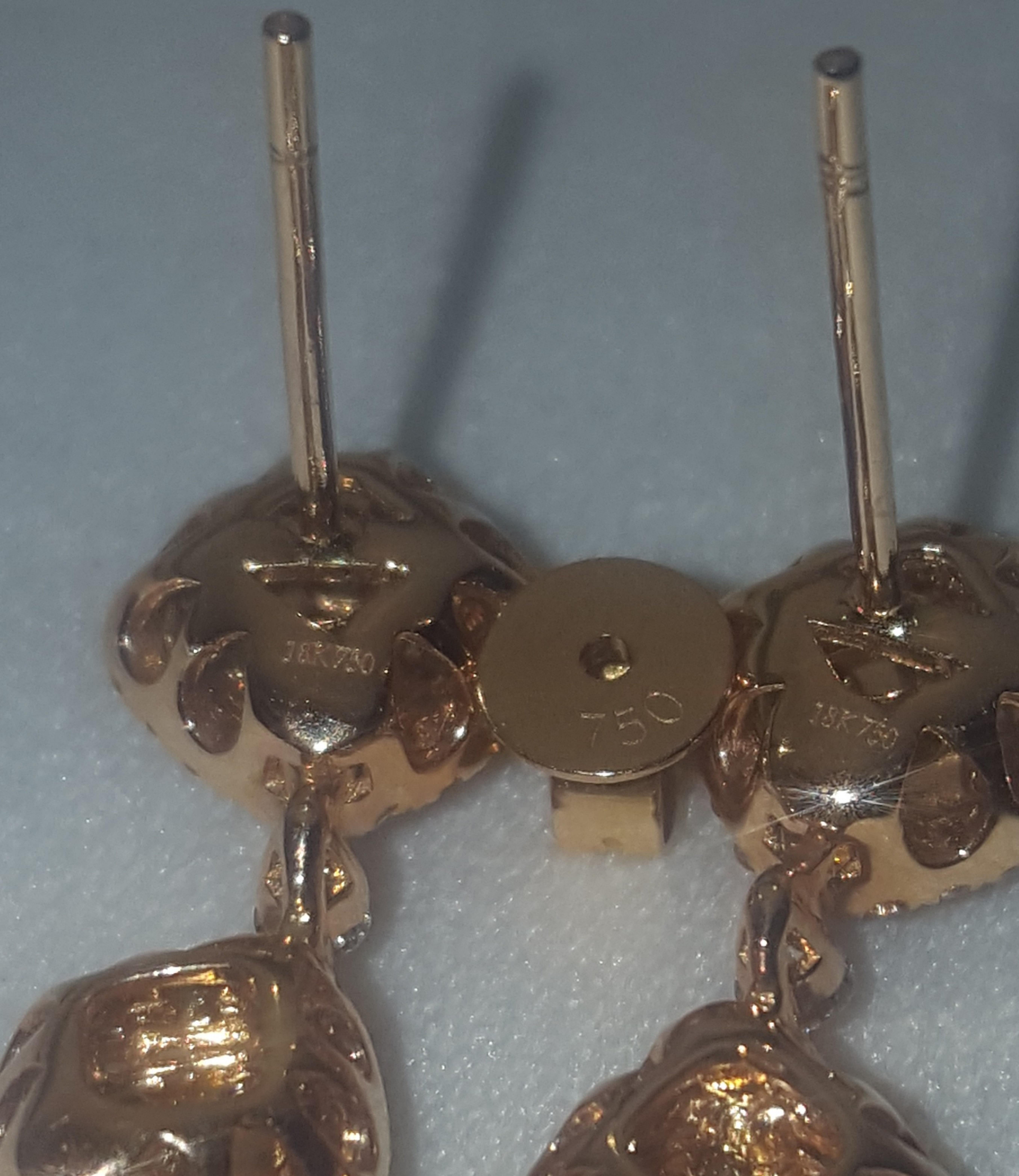 18 Karat Rose Gold Diamond Dangle Pierced Earrings For Sale 2