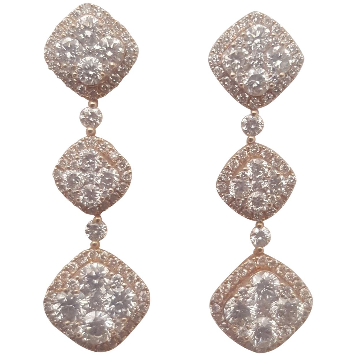 18 Karat Rose Gold Diamond Dangle Pierced Earrings For Sale