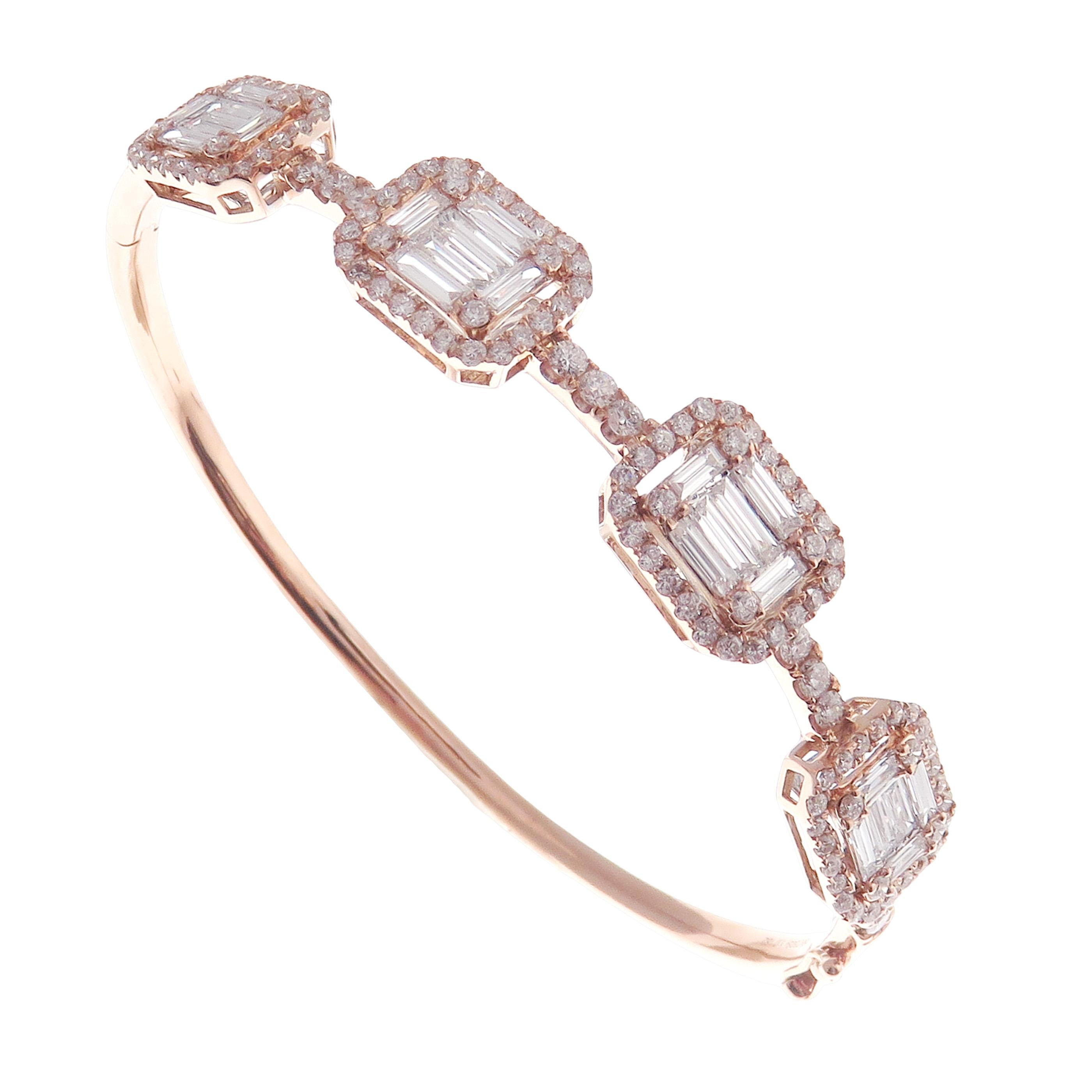 This delicate baguette squares bangle is crafted in 18-karat rose gold, weighing approximately 2.79 total carats of V-Quality white diamond. 

Fits wrists up to 6.25