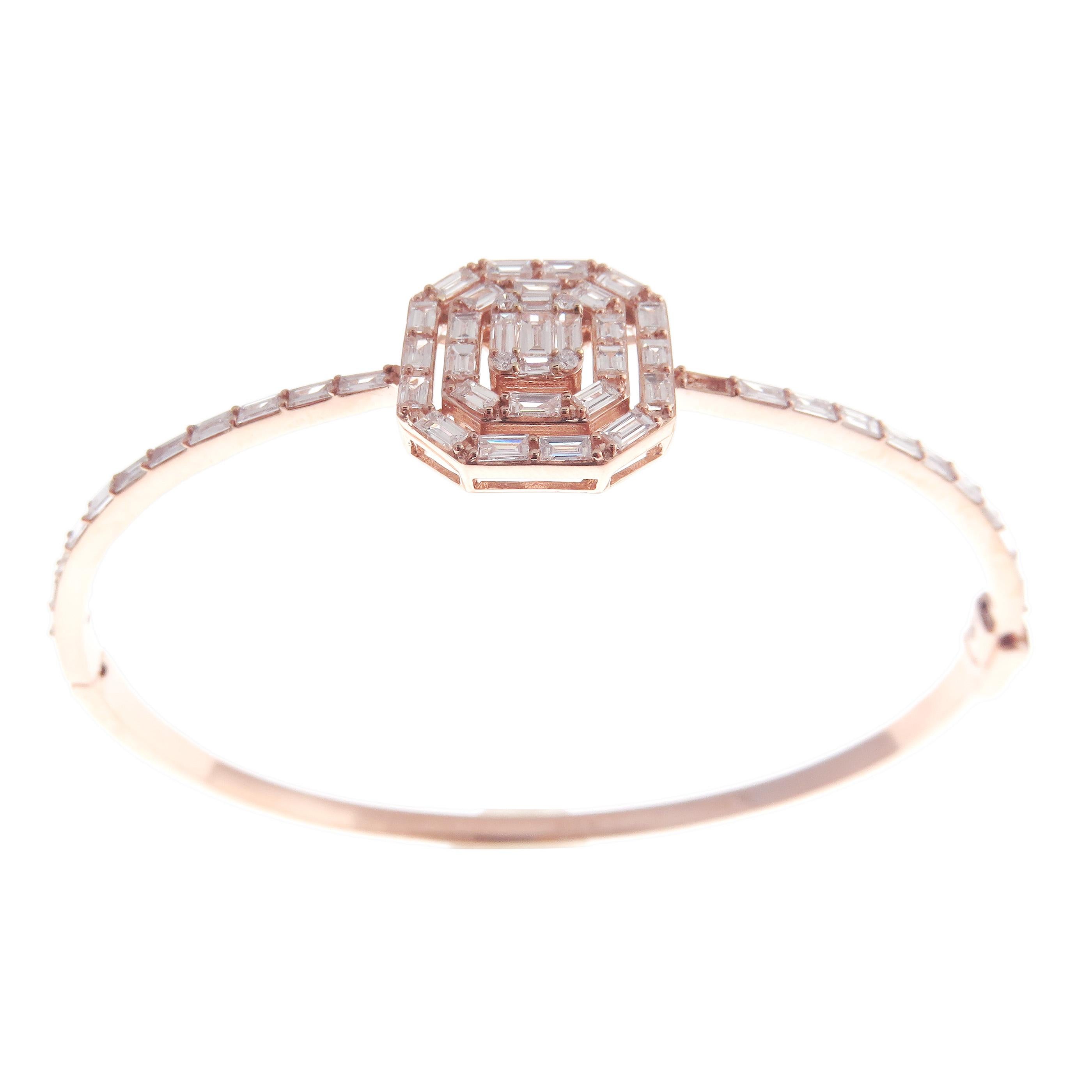 Baguette Cut 18 Karat Rose Gold Diamond Delicate Baguette Bangle Bracelet For Sale