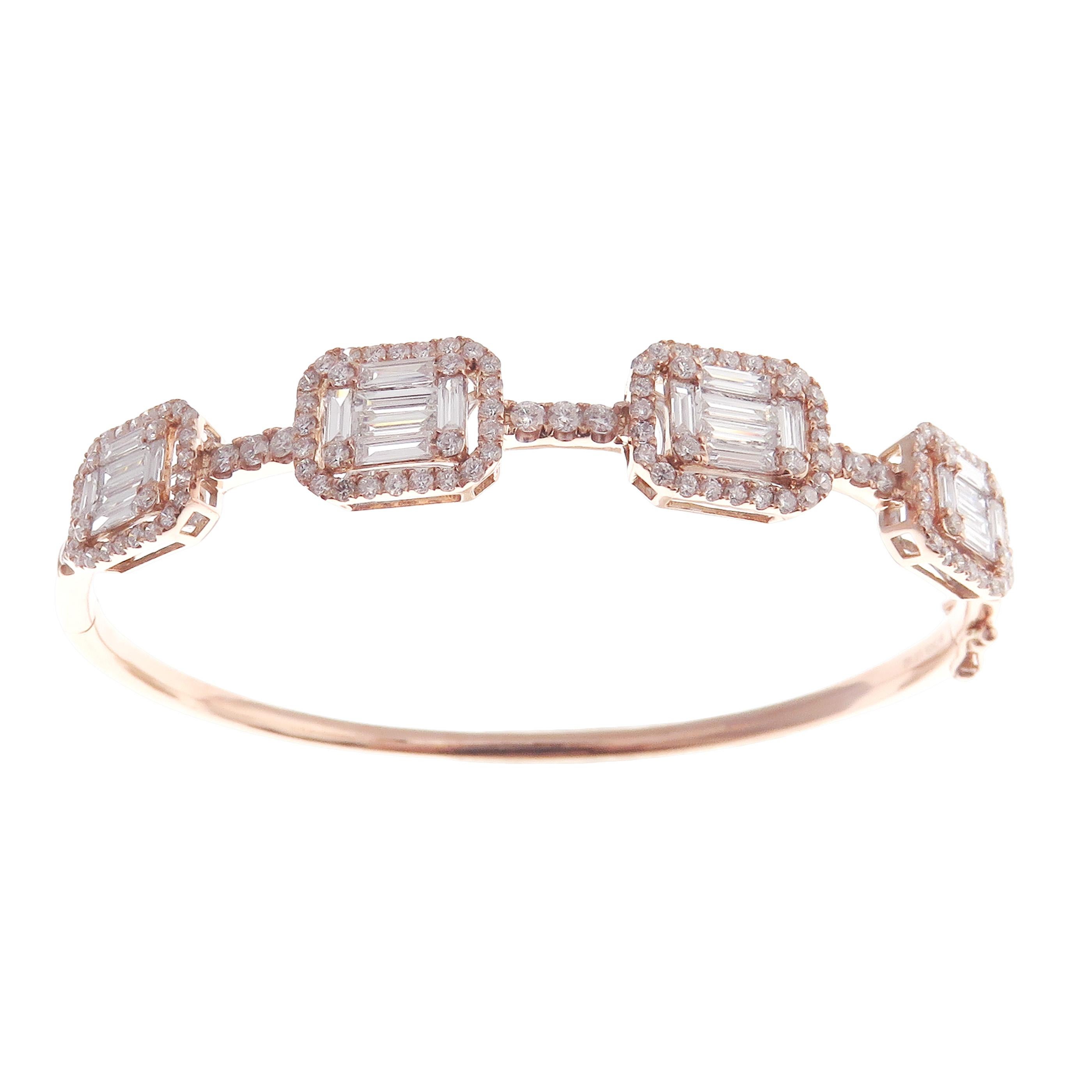 Baguette Cut 18 Karat Rose Gold Diamond Delicate Baguette Bangle Bracelet