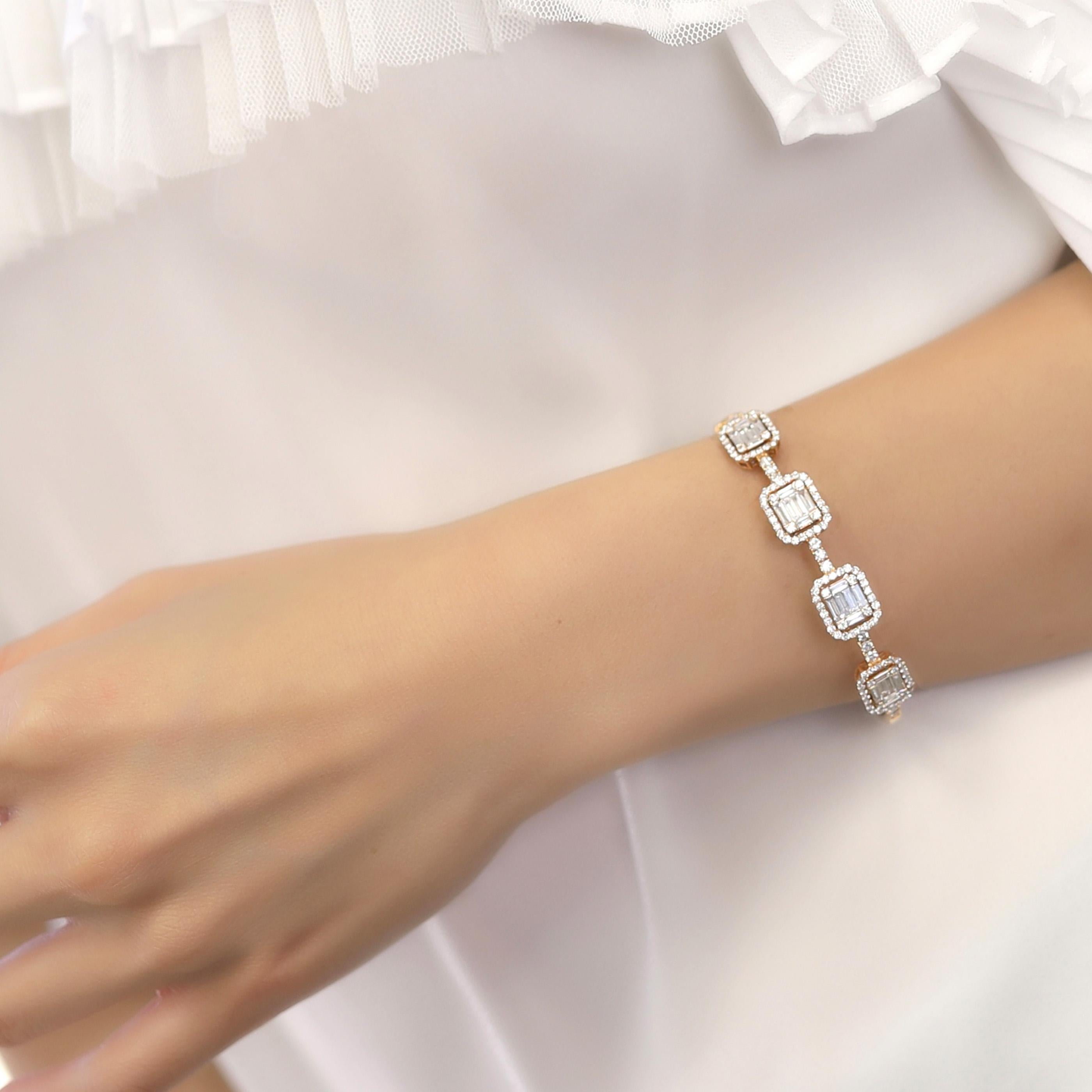 18 Karat Rose Gold Diamond Delicate Baguette Bangle Bracelet In New Condition In Los Angeles, CA