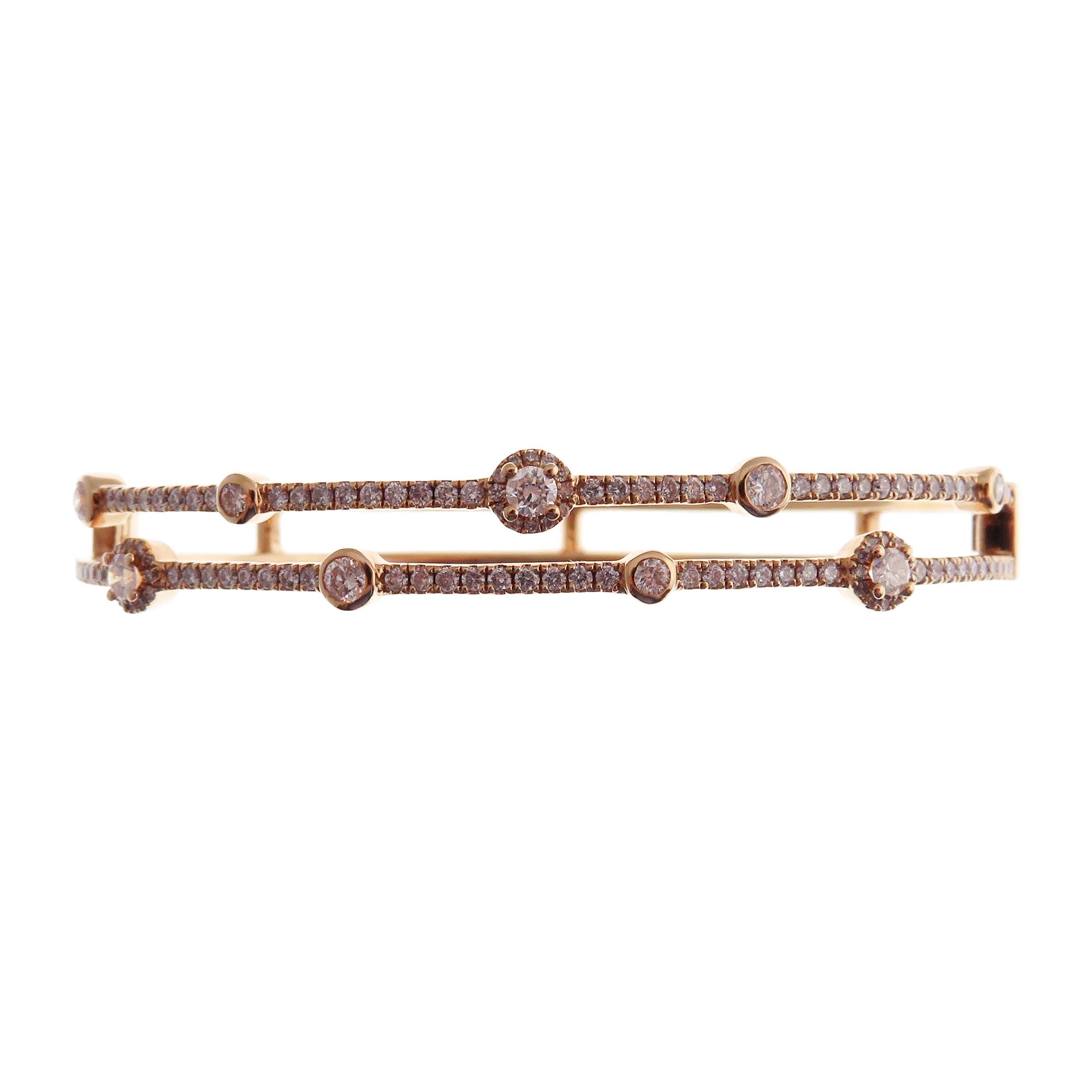 Baguette Cut 18 Karat Rose Gold Diamond Delicate Double Row Pave Bangle Bracelet