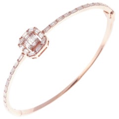 18 Karat Rose Gold Diamond Delicate Square Baguette Bangle Bracelet