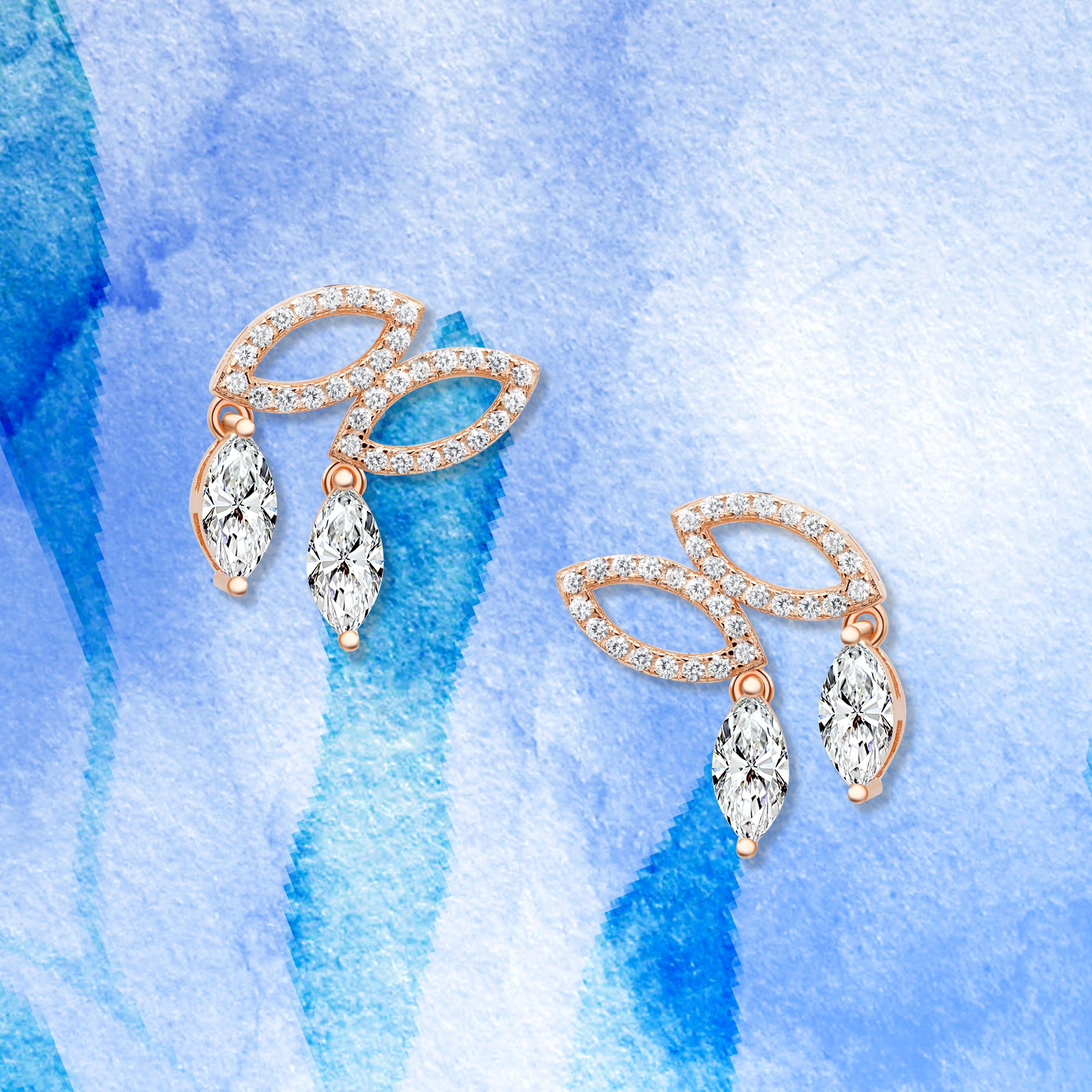 18 Karat Rose Gold Diamond Double Drop Stud Earrings In New Condition For Sale In London, GB