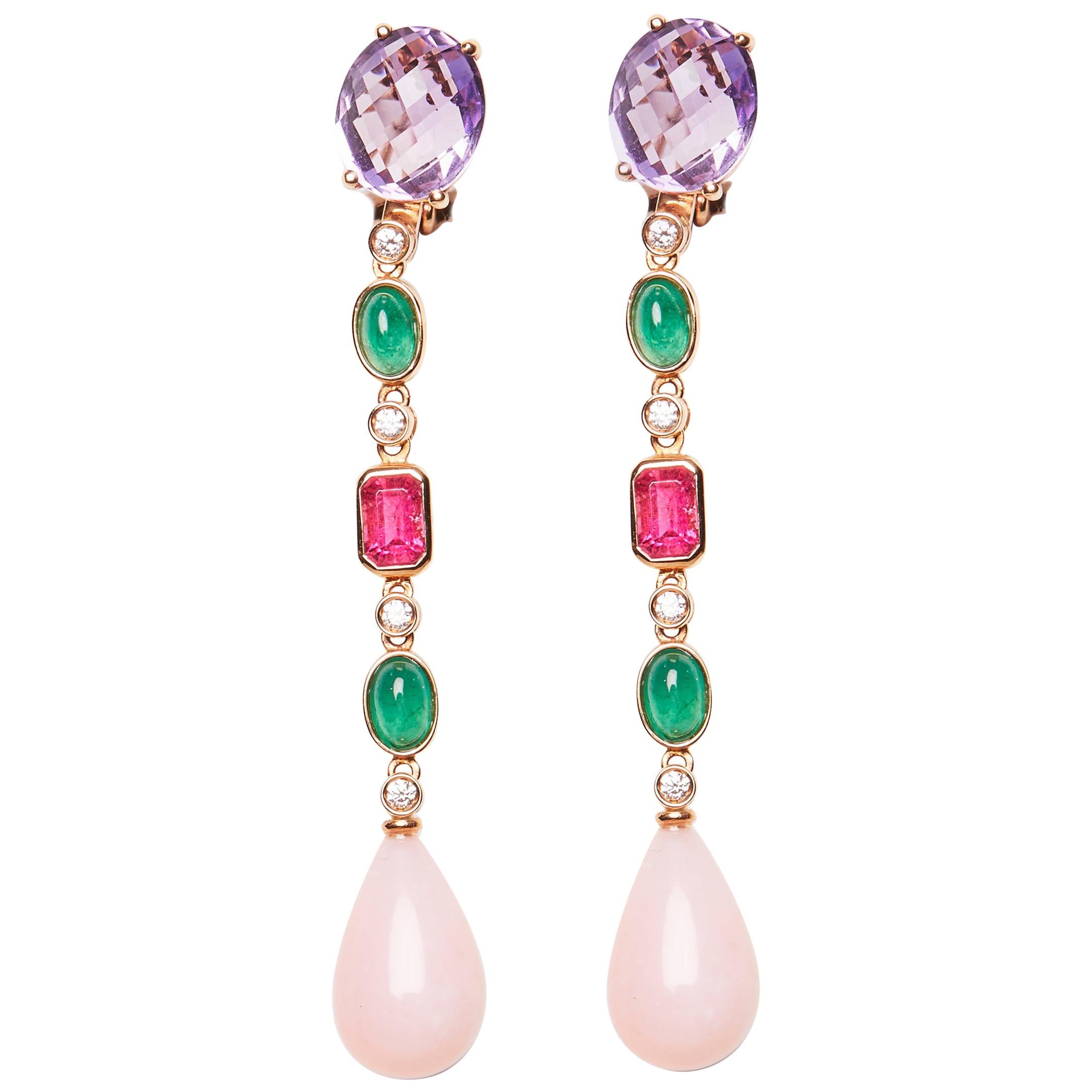 18 Karat Rose Gold Diamond Emerald Tourmaline Amethyst and Opal Dangle Earrings