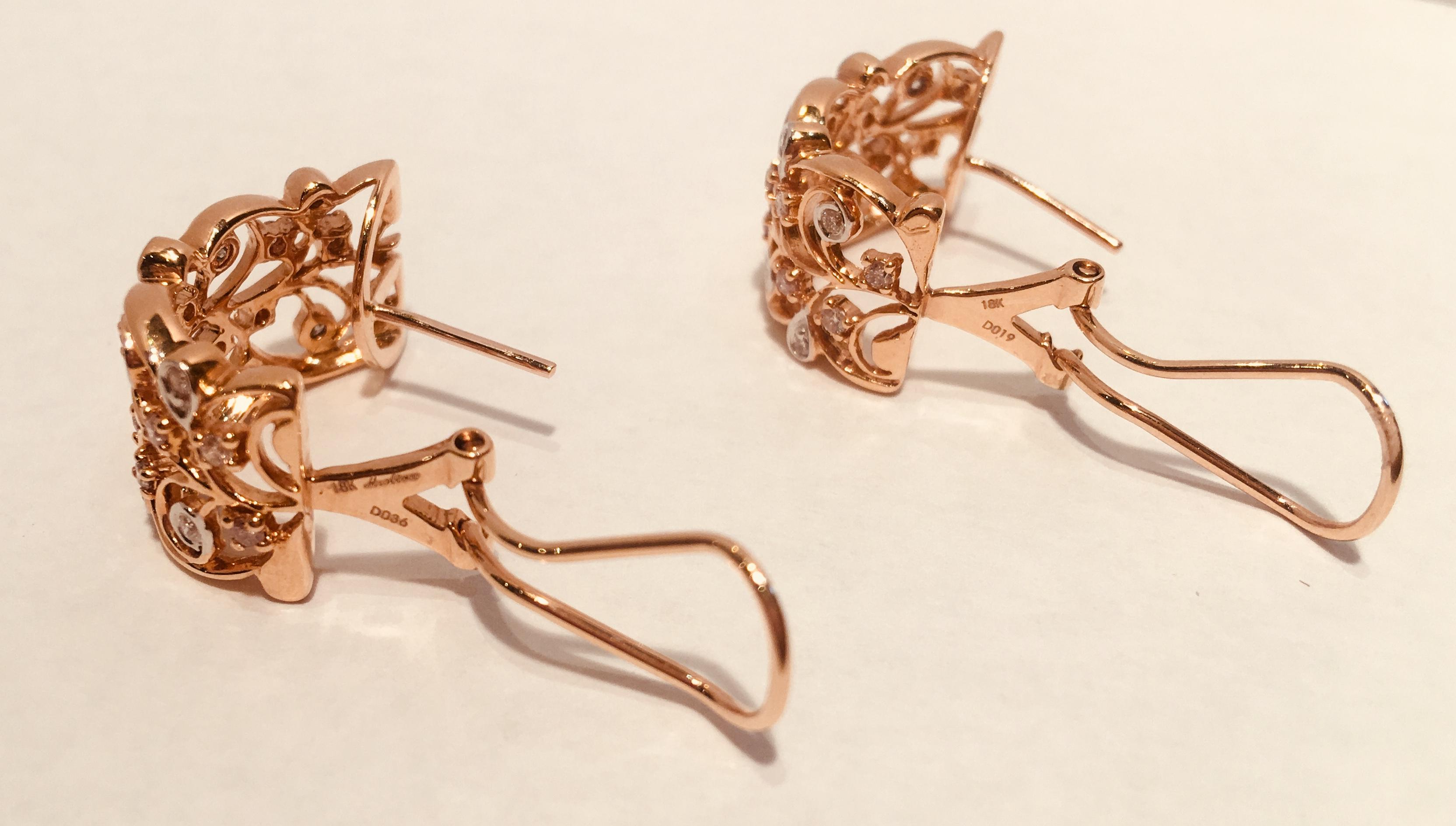 Contemporary 18 Karat Rose Gold Diamond Fancy Scrolling Filigree Earrings