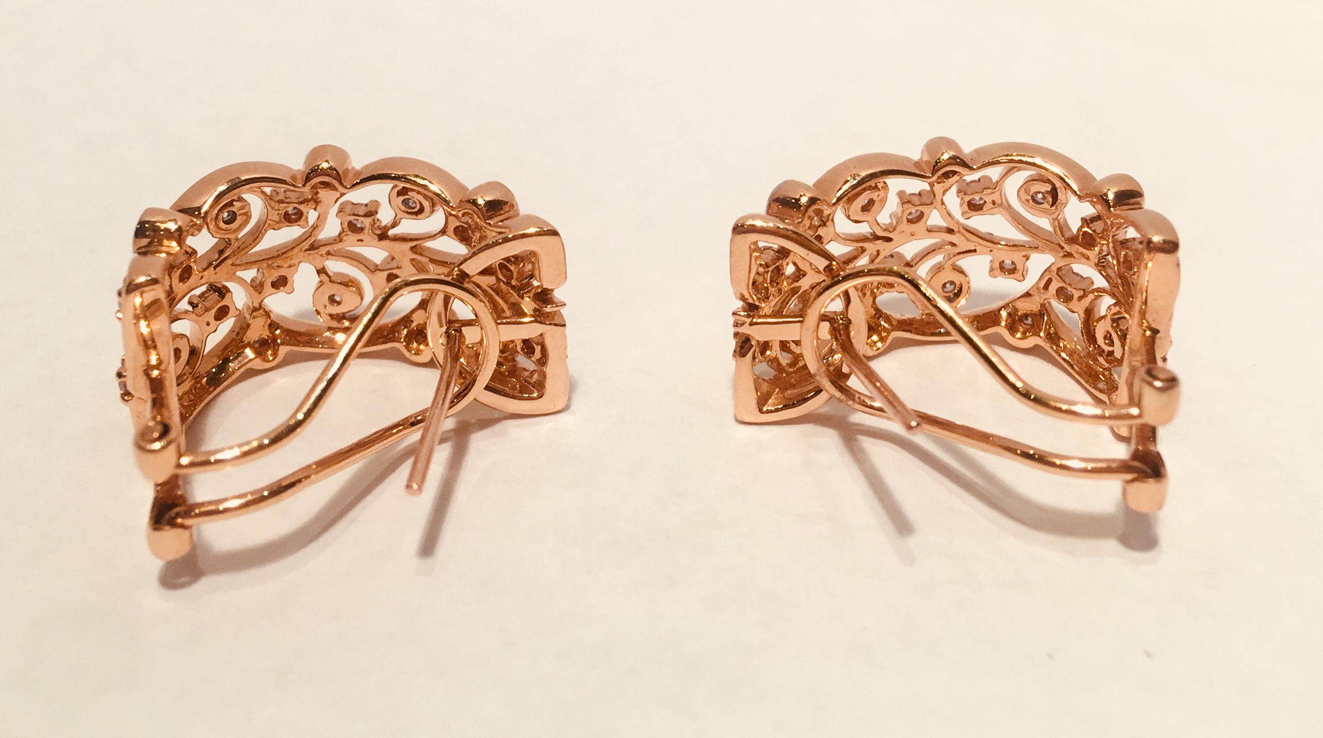 Round Cut 18 Karat Rose Gold Diamond Fancy Scrolling Filigree Earrings