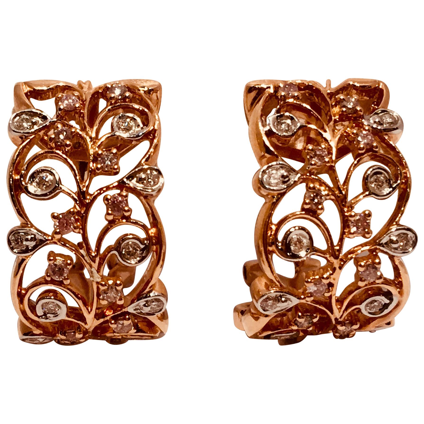 18 Karat Rose Gold Diamond Fancy Scrolling Filigree Earrings