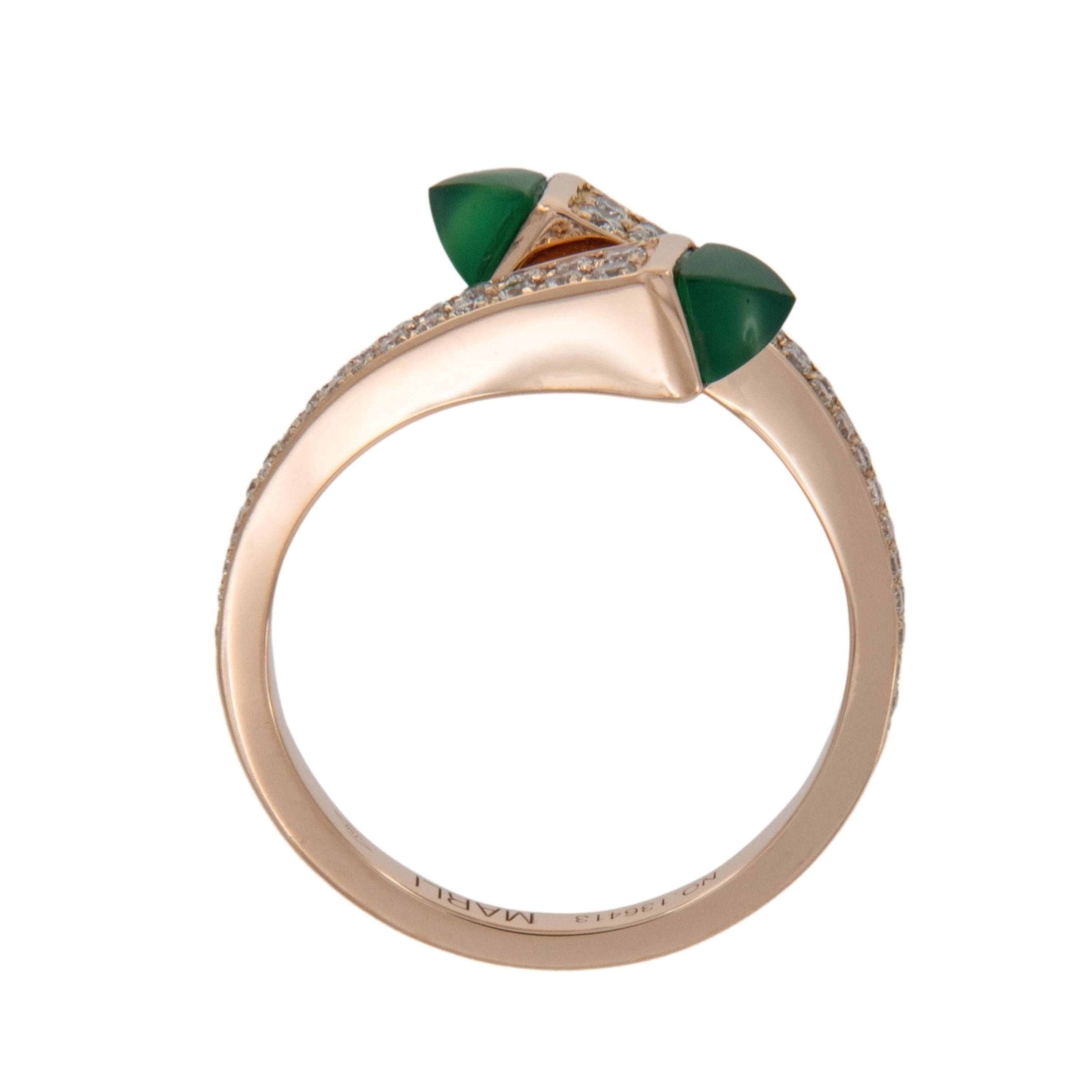 Round Cut 18 Karat Rose Gold,  Diamond,  Green Agate Bypass Fashion Ring For Sale
