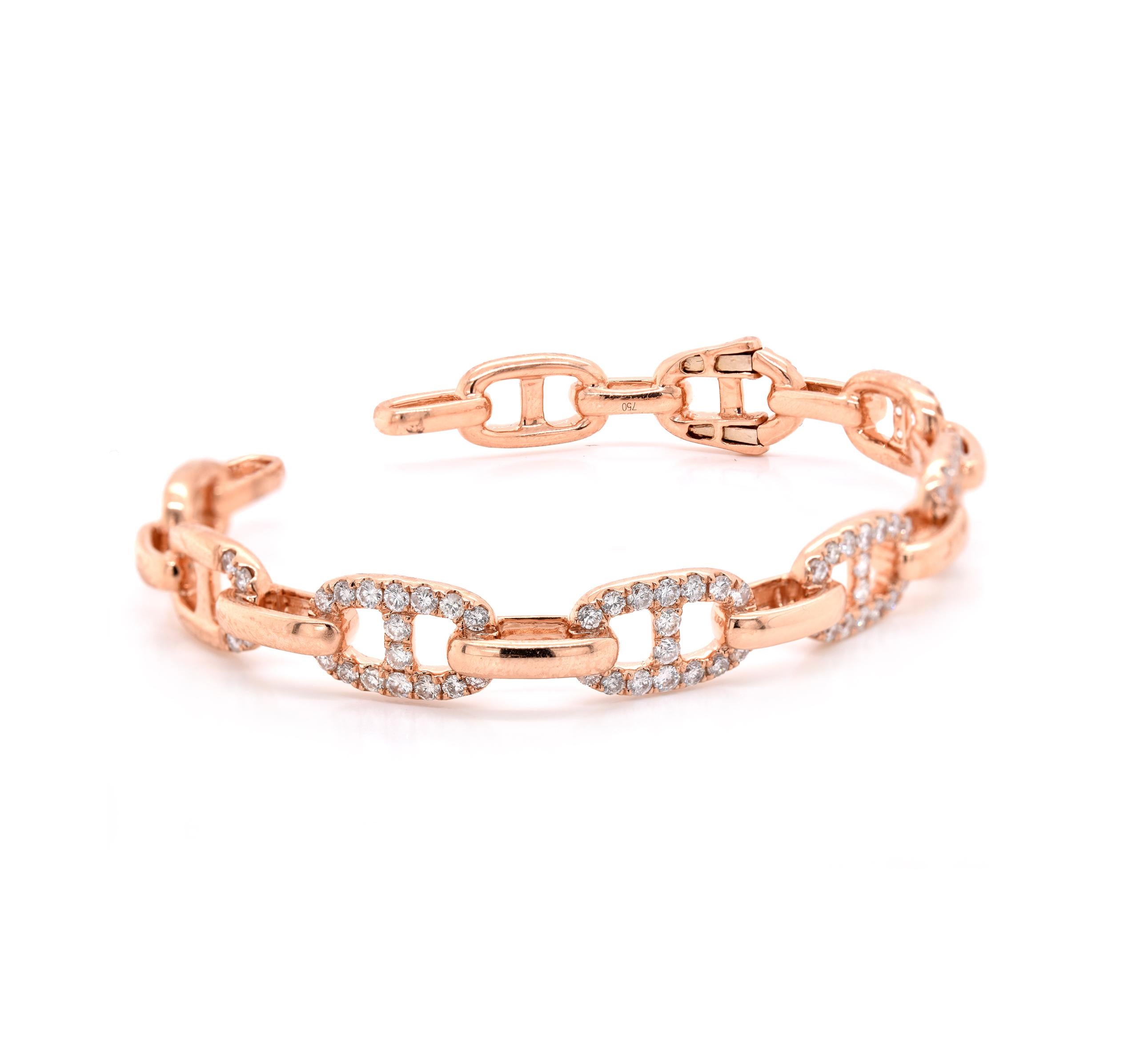 18 Karat Rose Gold Diamond Gucci Link Hinged Cuff Bracelet


Material: 18K rose gold
Diamonds:  88 round cut = 1.97cttw
Color: G
Clarity: VS
Dimensions: bracelet will fit up to a 6.5-inch wrist 
Weight: 24.05 grams
