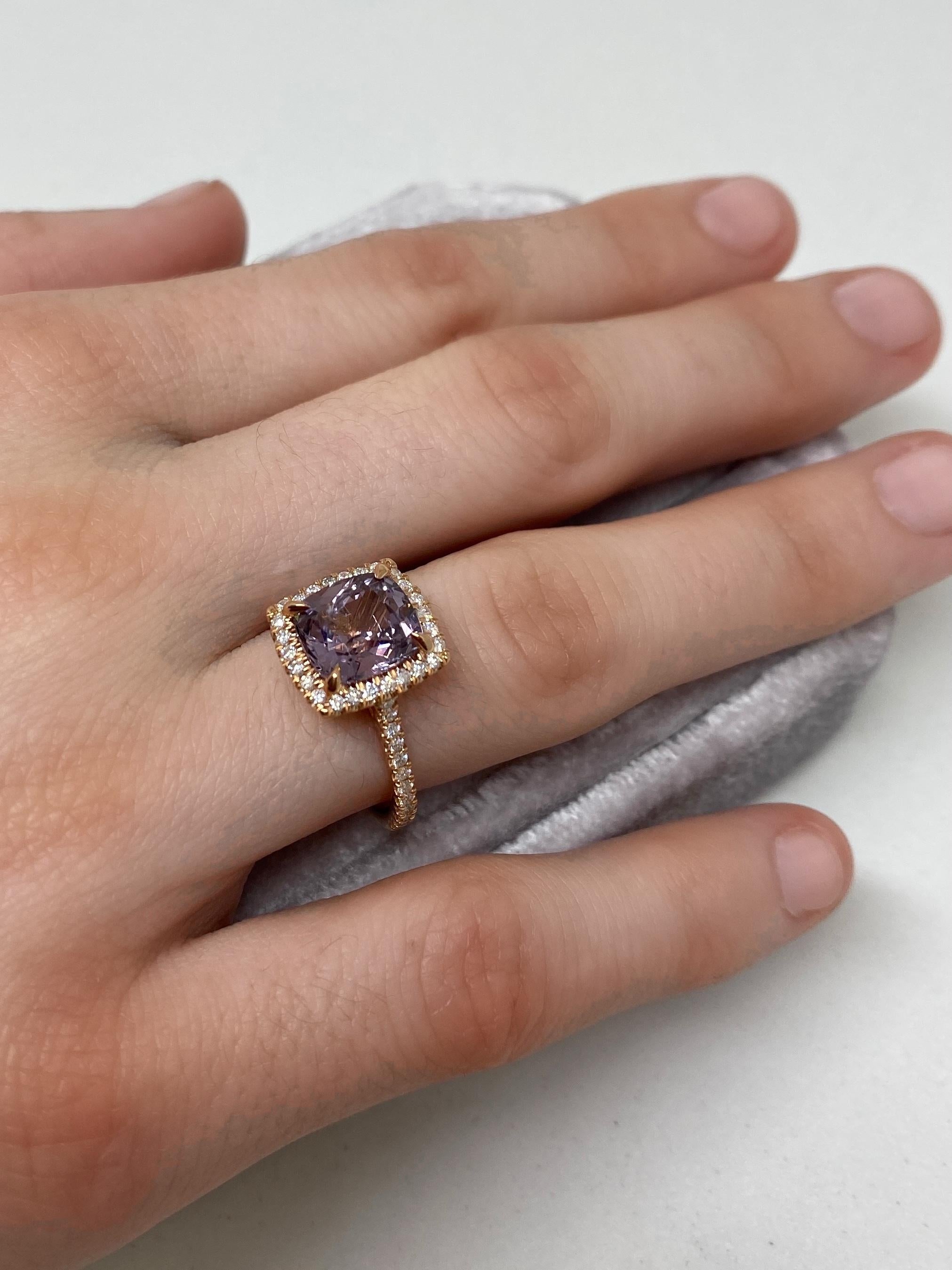 Cushion Cut 18 Karat Rose Gold Diamond Halo 3 Carat Lavender Spinel Ring For Sale