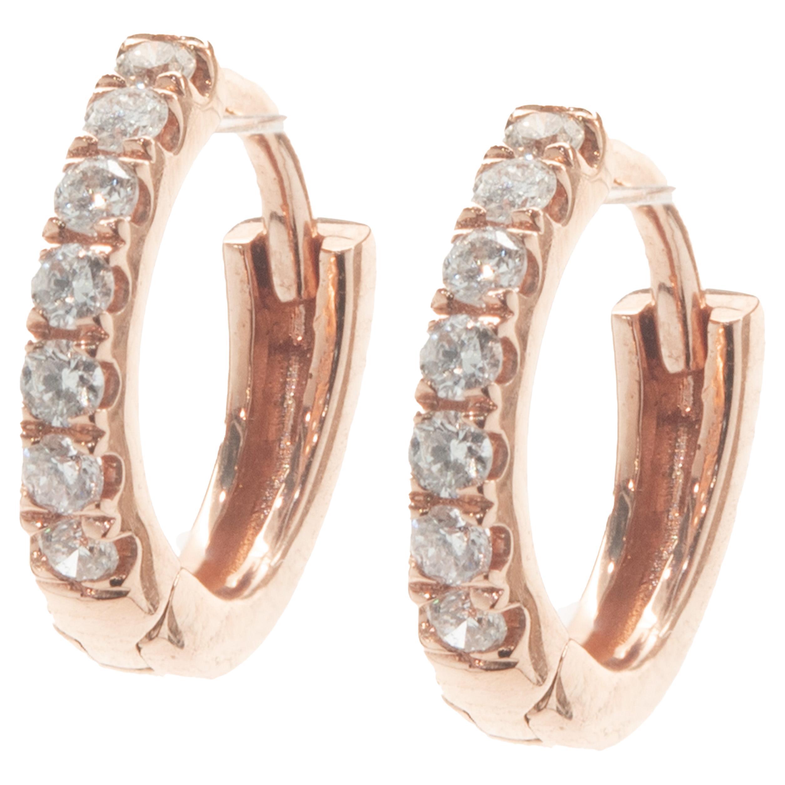 18 Karat Rose Gold Diamond Huggie Hoop Earrings For Sale