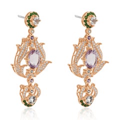 Orecchini in oro rosa 18 carati con diamanti, kunzite e morganite in stile floreale vintage