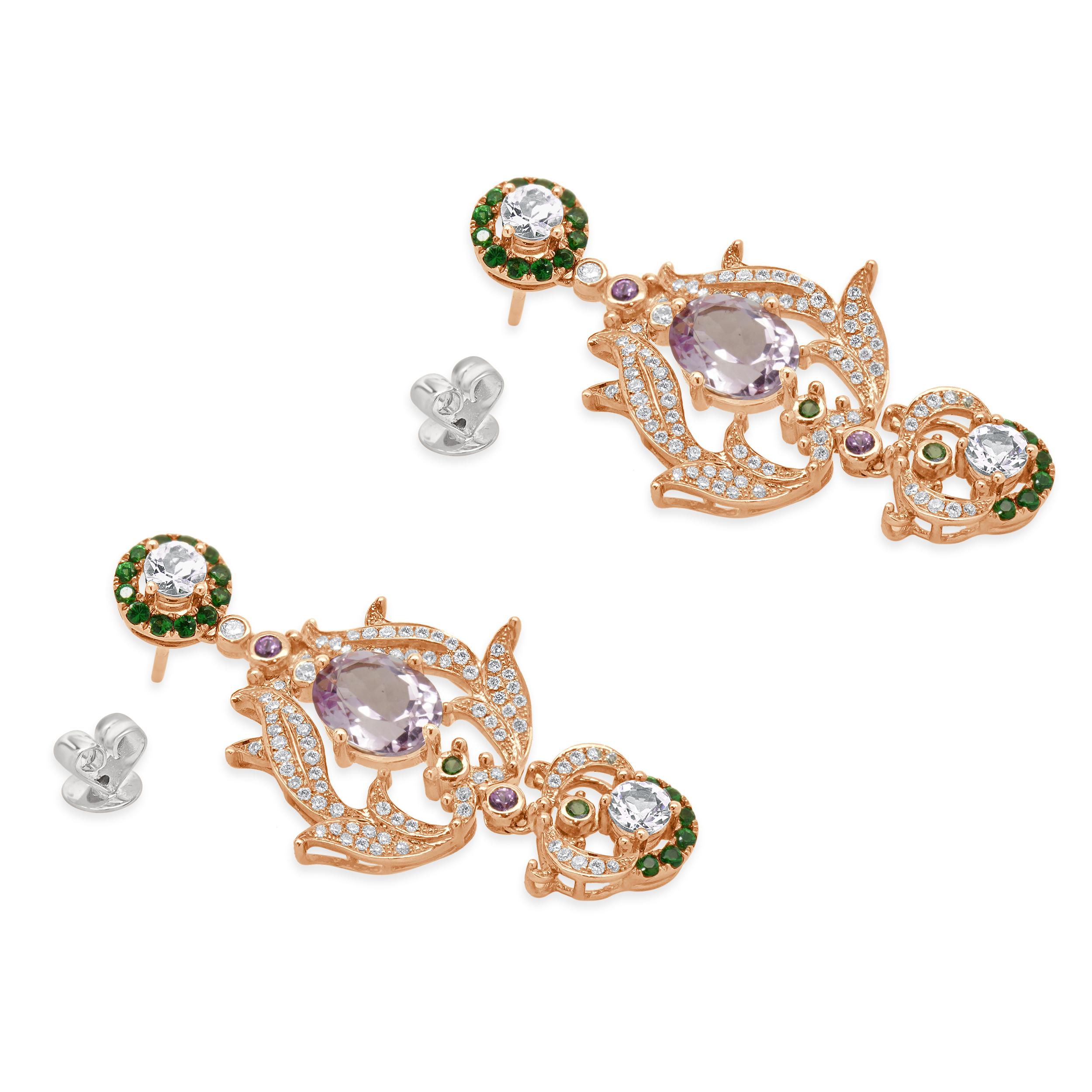 Round Cut 18 Karat Rose Gold Diamond, Kunzite, and Morganite Vintage Floral Style Earrings For Sale