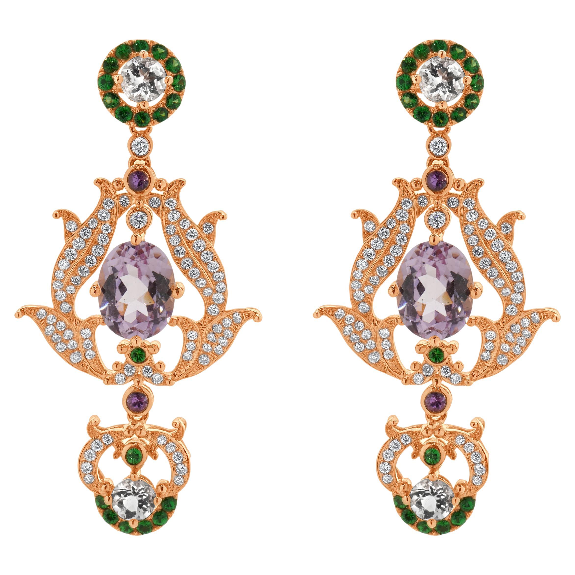 18 Karat Rose Gold Diamond, Kunzite, and Morganite Vintage Floral Style Earrings For Sale