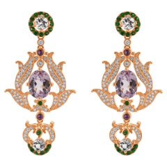 Boucles d'oreilles vintage de style floral en or rose 18 carats, diamant, kunzite et morganite