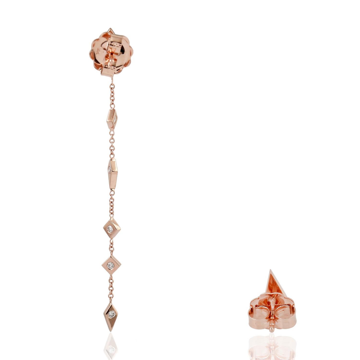 Contemporary 18 Karat Rose Gold Diamond Mismatched Chain Drop Earrings For Sale