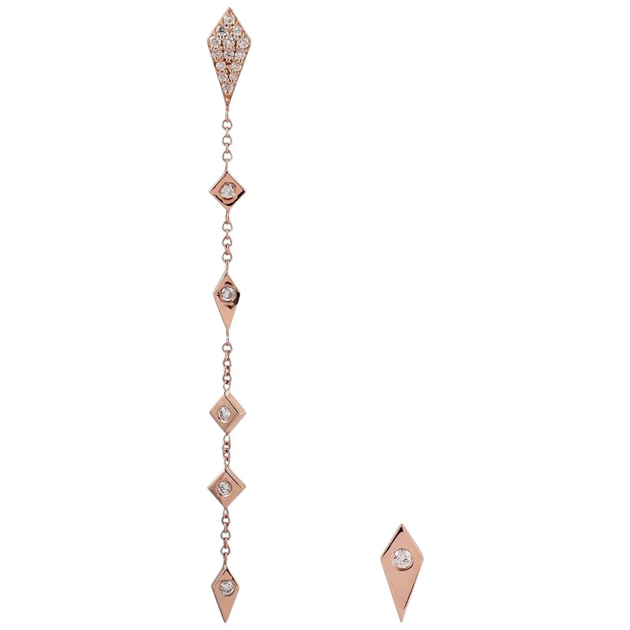18 Karat Rose Gold Diamond Mismatched Chain Drop Earrings For Sale