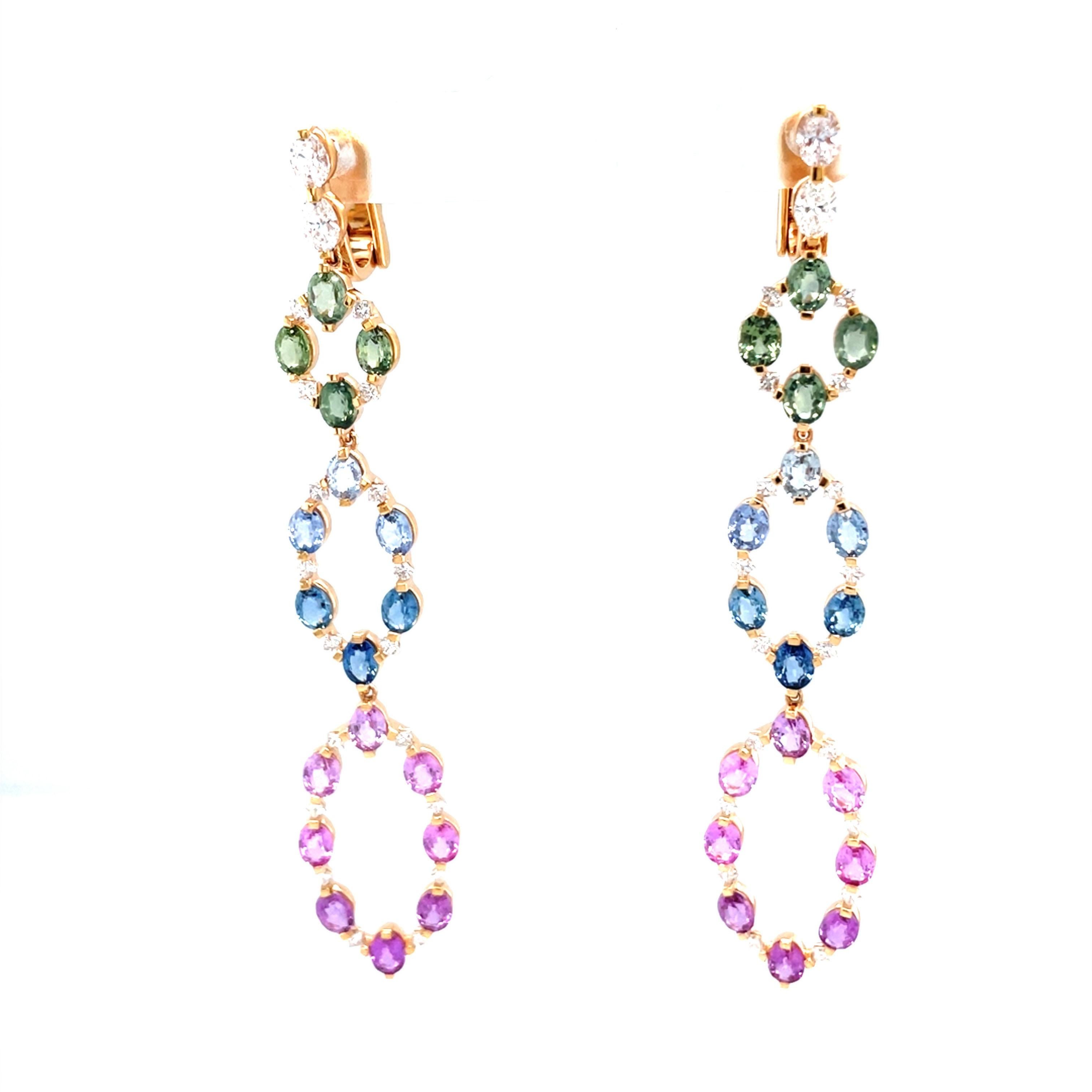 18 Karat Roségold Diamant-Kronleuchter-Ohrringe mit mehrfarbigem Saphir (Ovalschliff) im Angebot