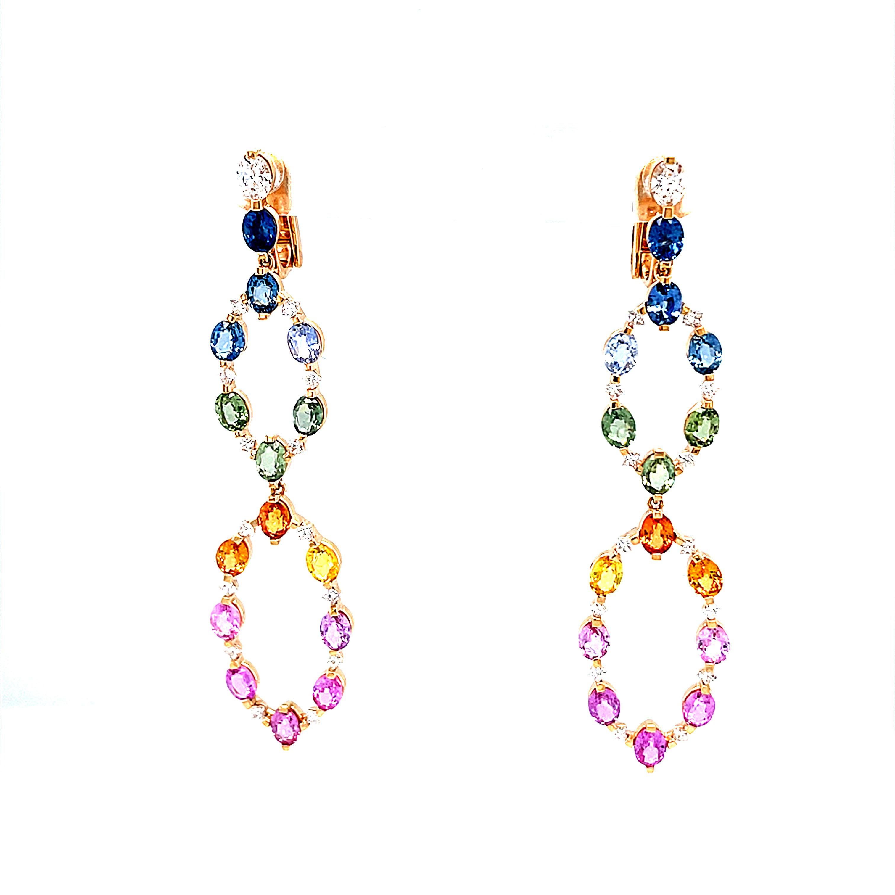 Contemporary 18 Karat Rose Gold Diamond Multi-coloured Sapphire Chandelier Earrings For Sale