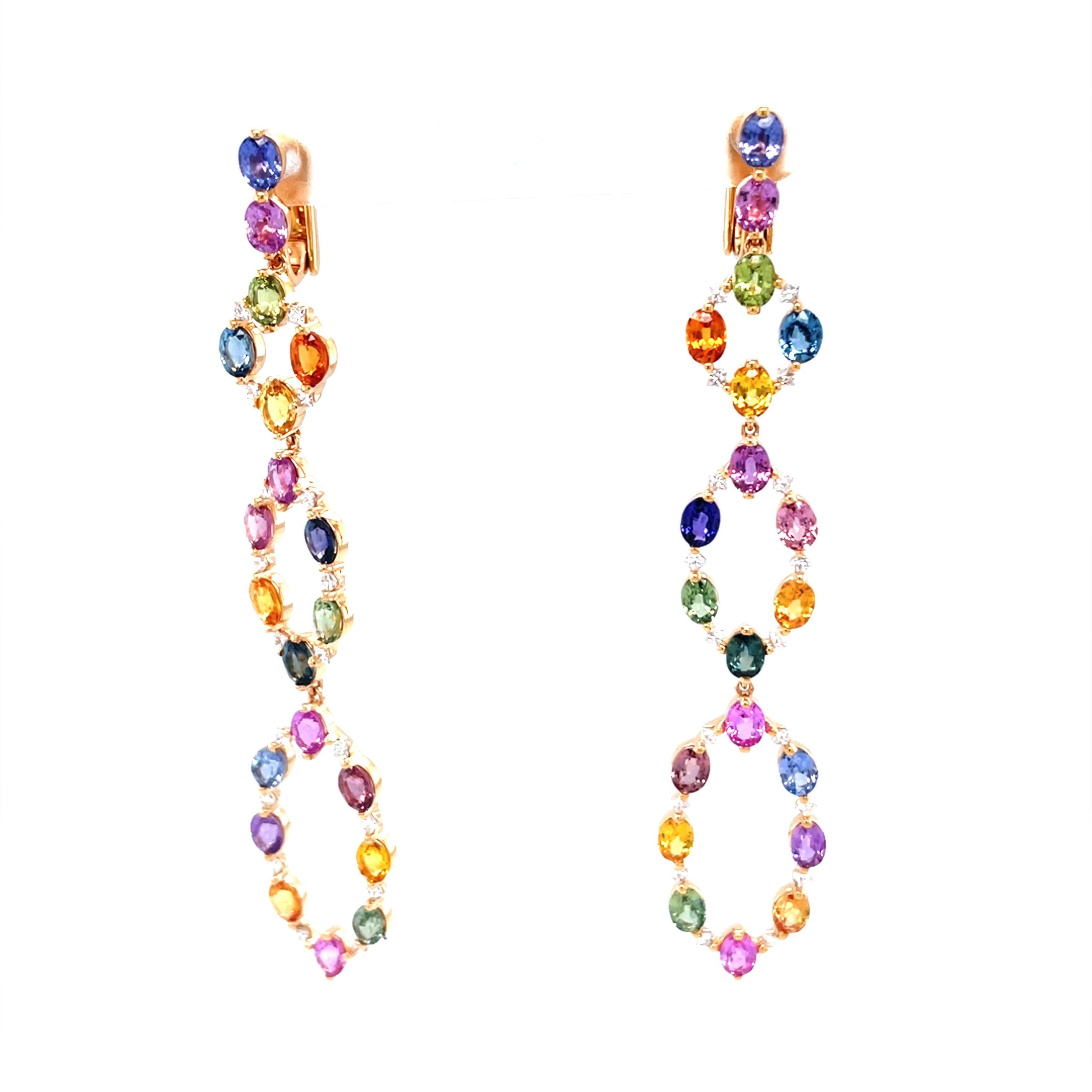 18 Karat Rose Gold Diamond Multi-Coloured Sapphire Chandelier Earrings For Sale 1
