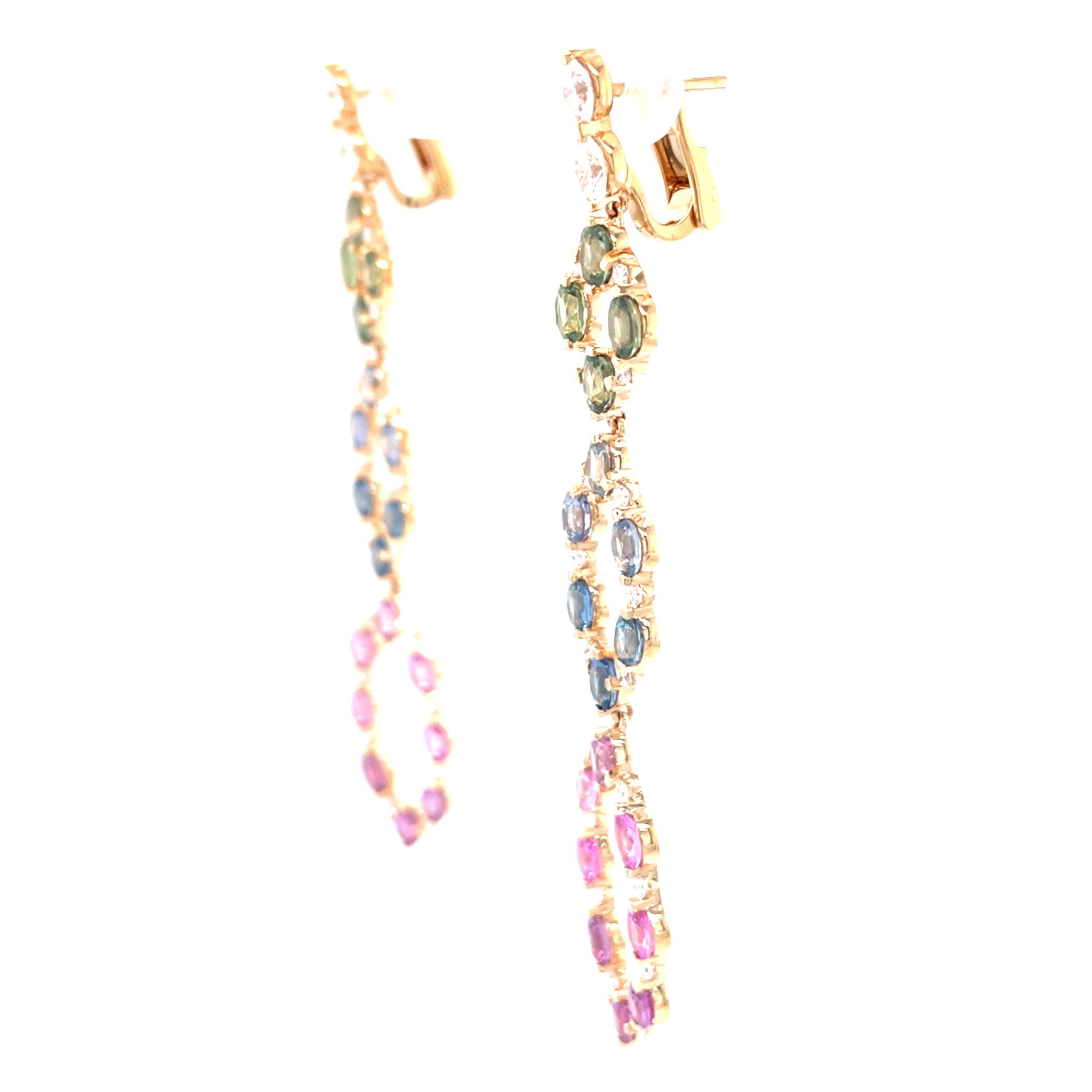 Oval Cut 18 Karat Rose Gold Diamond Multi-Coloured Sapphire Chandelier Earrings For Sale