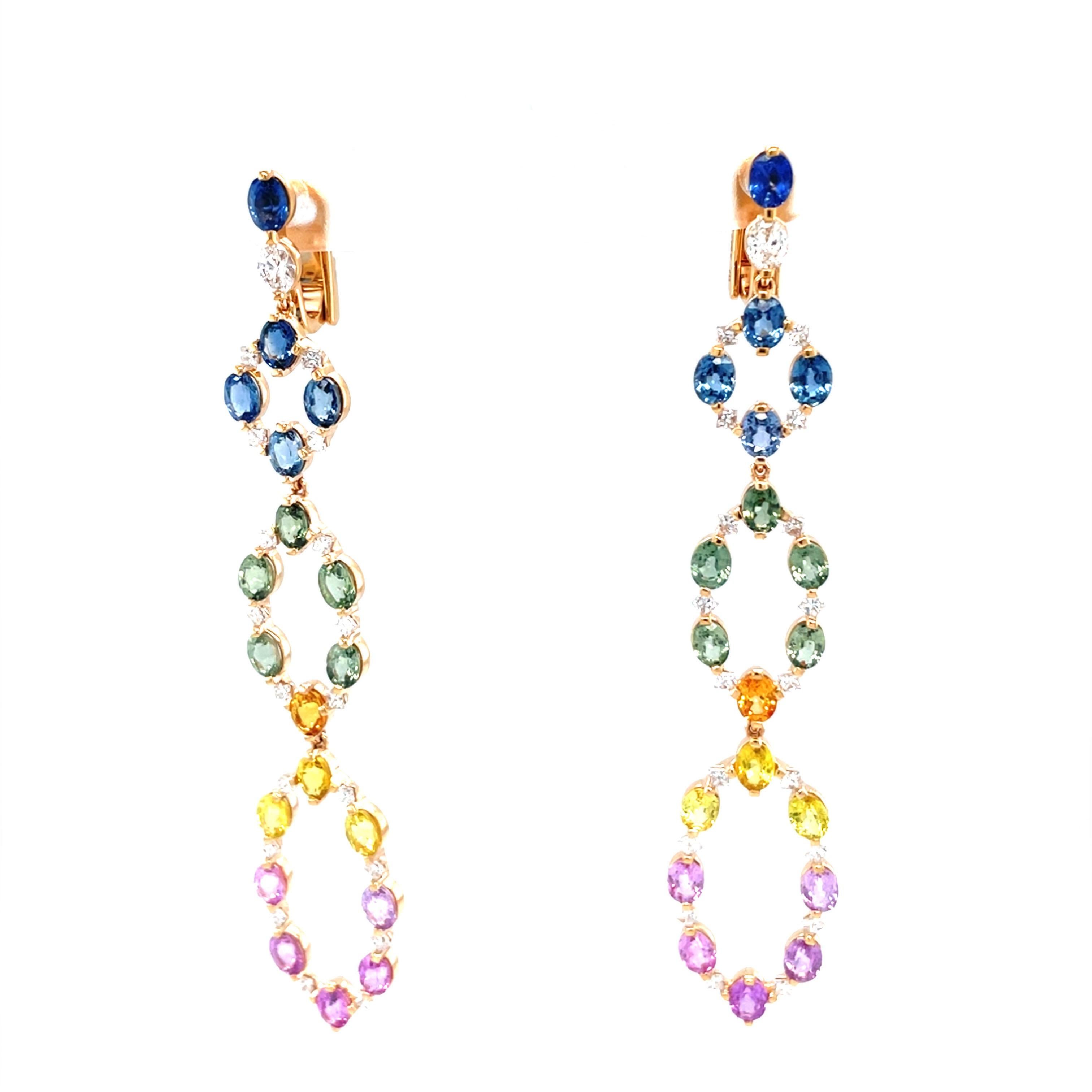 18 Karat Roségold Diamant-Kronleuchter-Ohrringe mit mehrfarbigen Saphiren im Zustand „Neu“ im Angebot in Monte-Carlo, MC