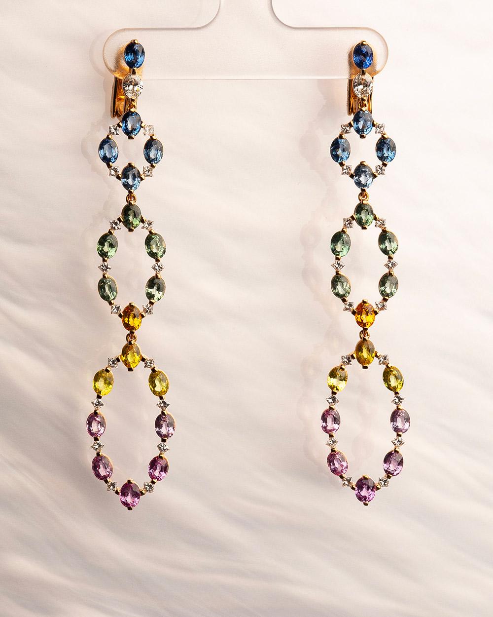 Contemporary 18 Karat Rose Gold Diamond Multi-Coloured Sapphire Chandelier Earrings For Sale