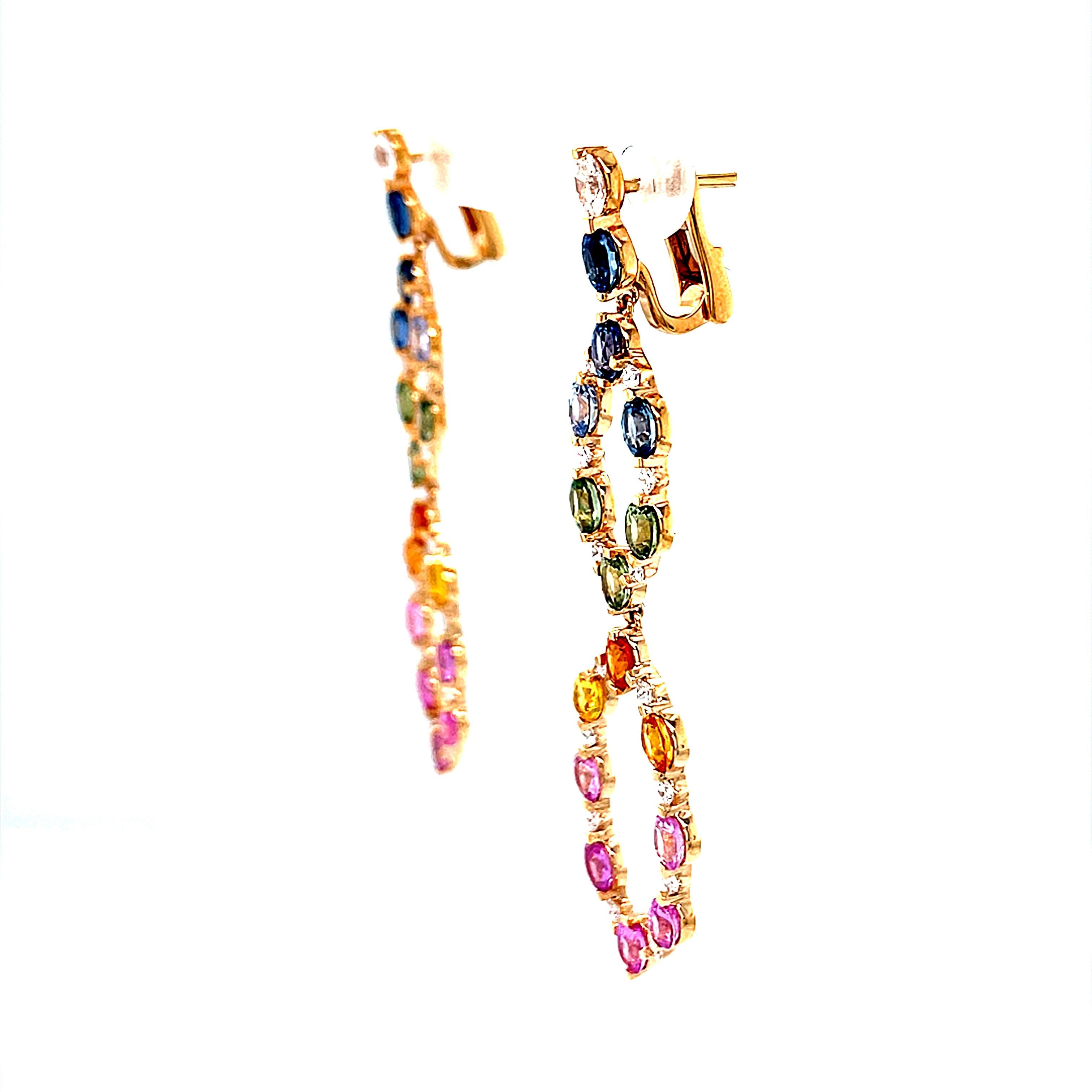 Oval Cut 18 Karat Rose Gold Diamond Multi-coloured Sapphire Chandelier Earrings For Sale