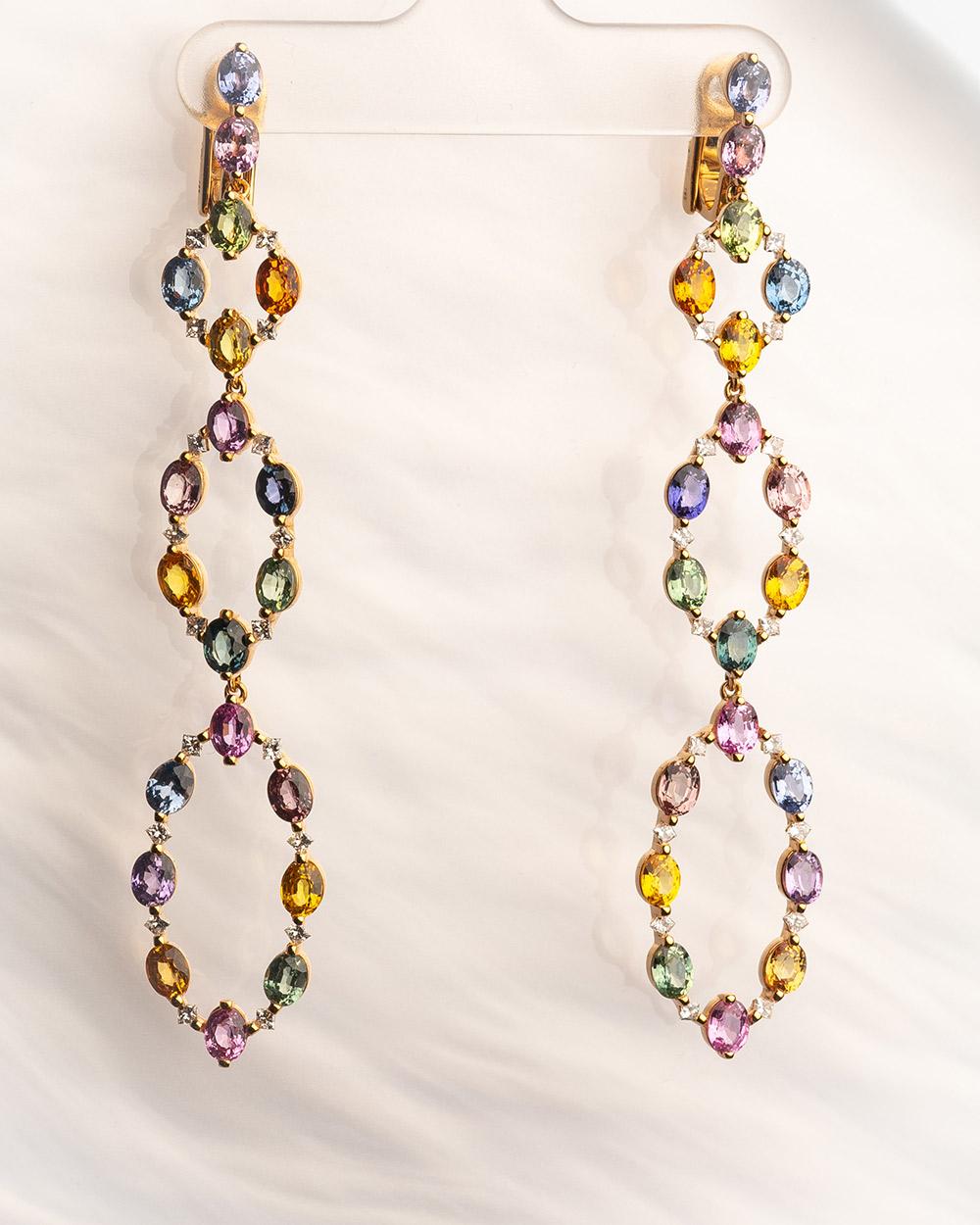 Round Cut 18 Karat Rose Gold Diamond Multi-Coloured Sapphire Chandelier Earrings For Sale