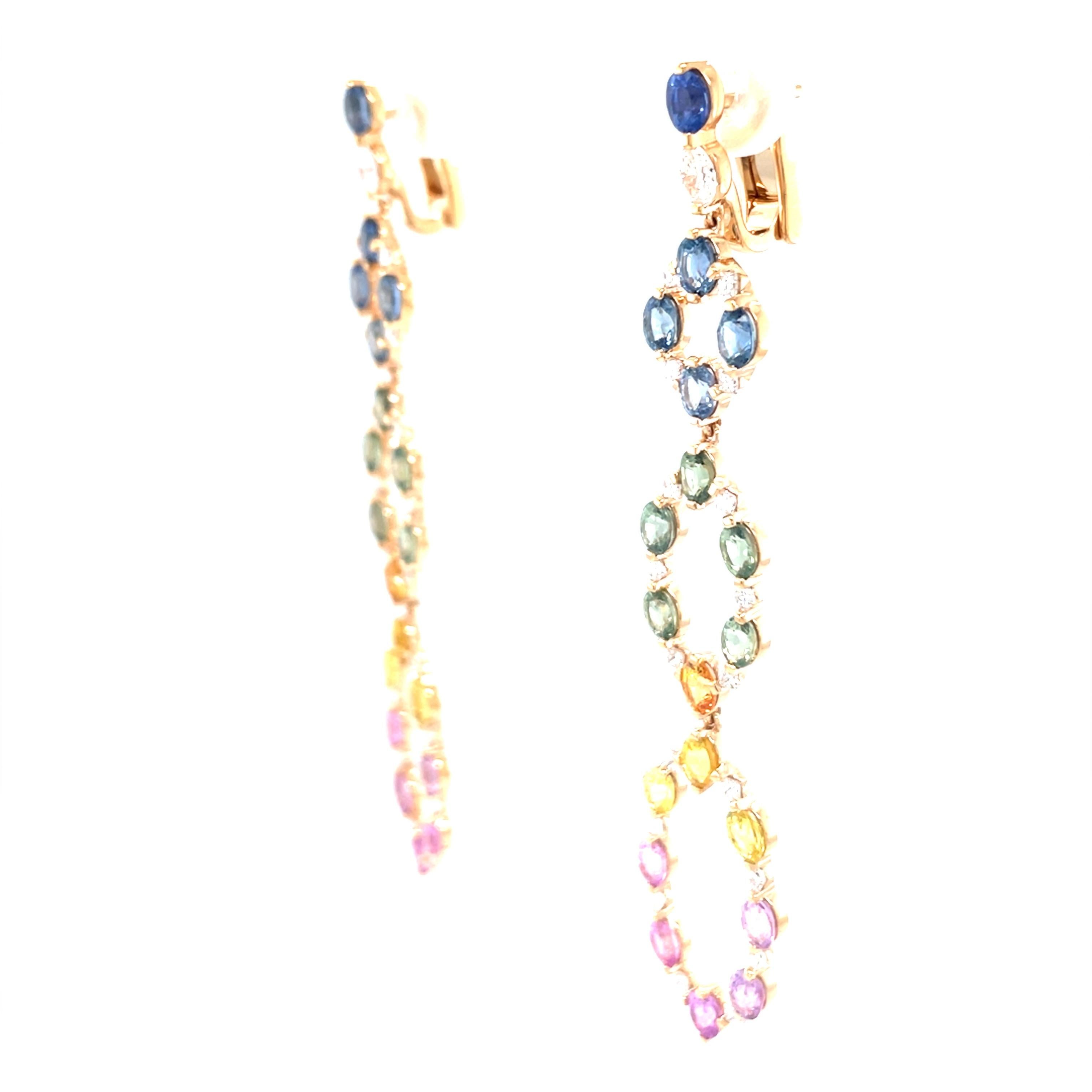 Women's 18 Karat Rose Gold Diamond Multi-Coloured Sapphire Chandelier Earrings For Sale