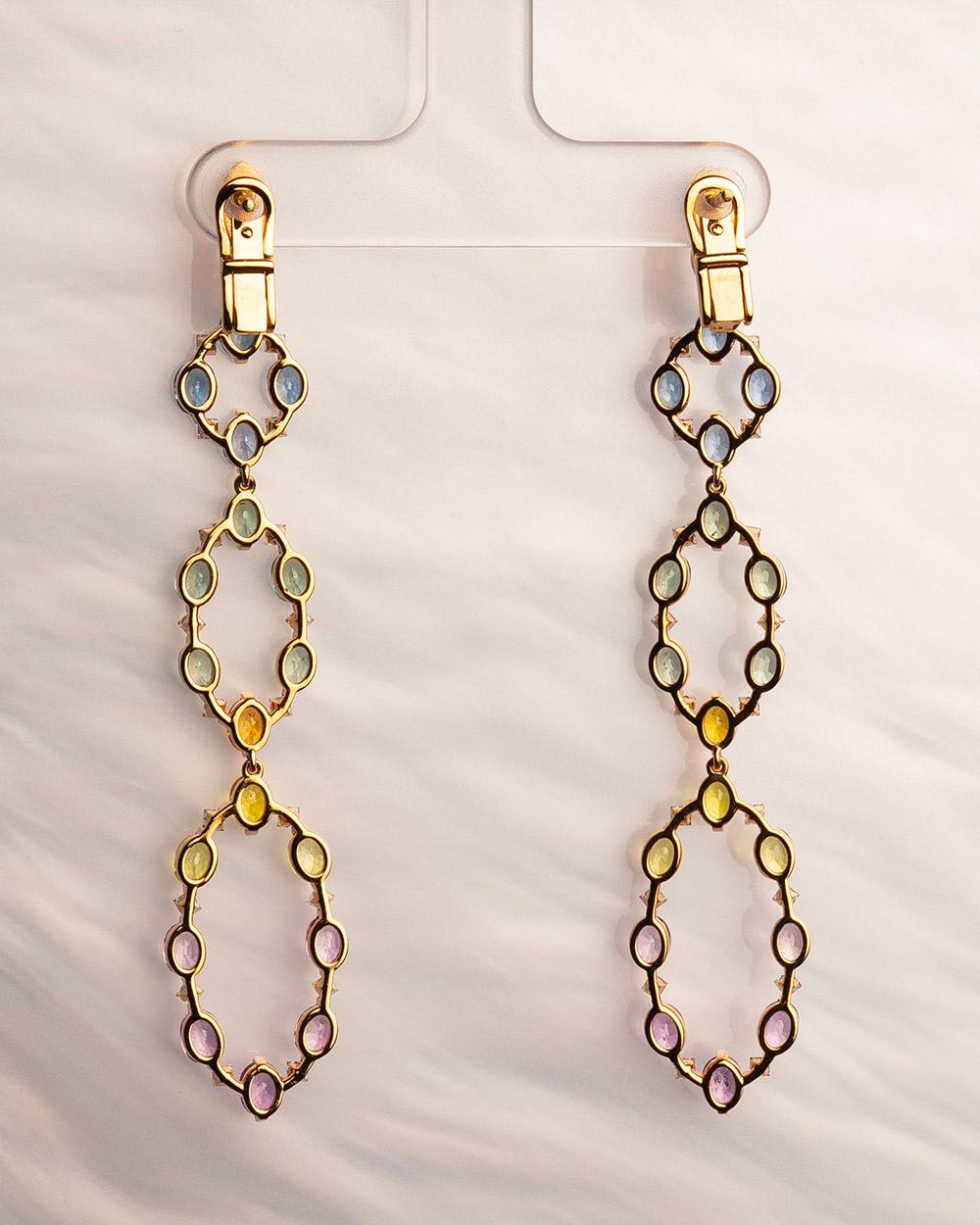 Oval Cut 18 Karat Rose Gold Diamond Multi-Coloured Sapphire Chandelier Earrings For Sale