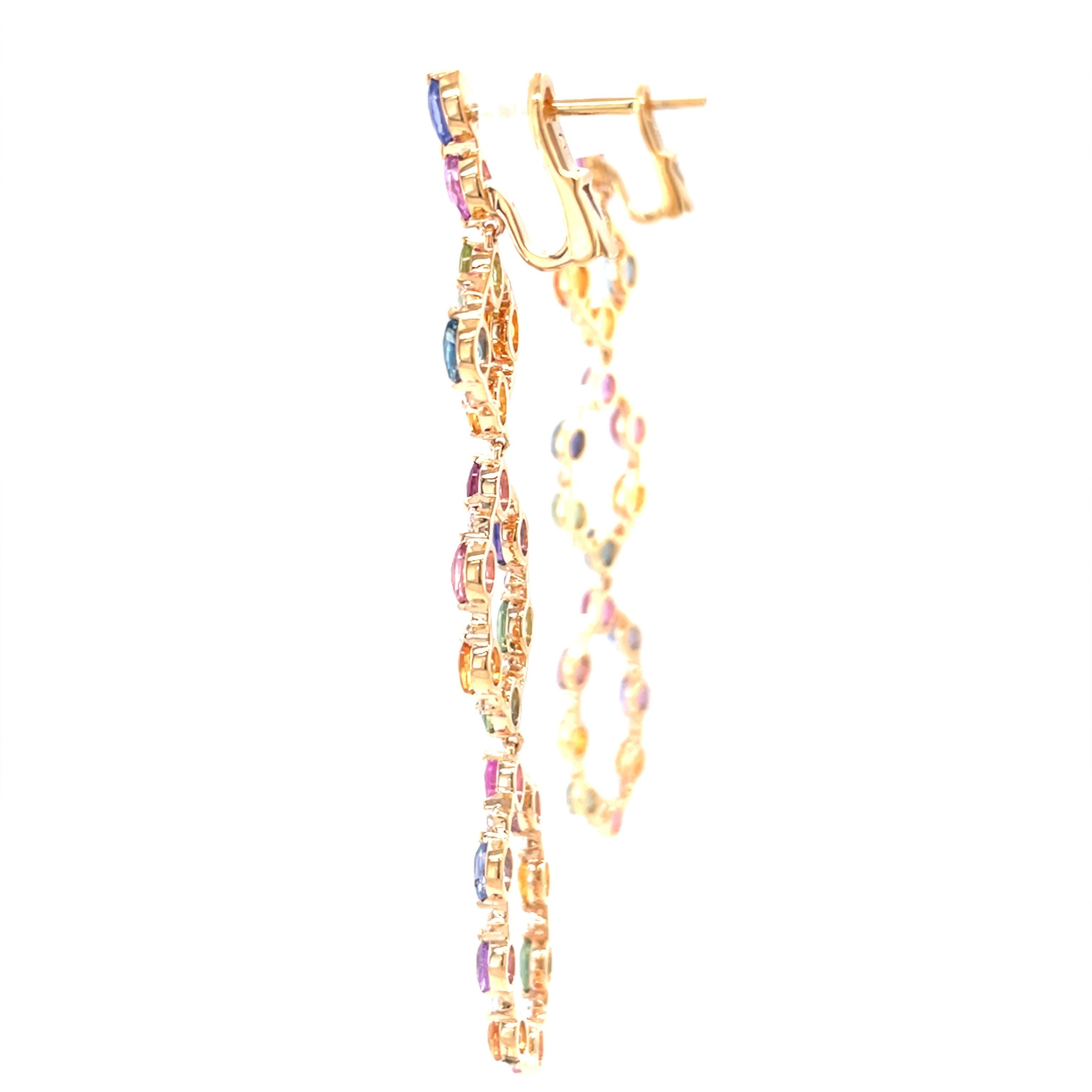 18 Karat Rose Gold Diamond Multi-Coloured Sapphire Chandelier Earrings For Sale 4
