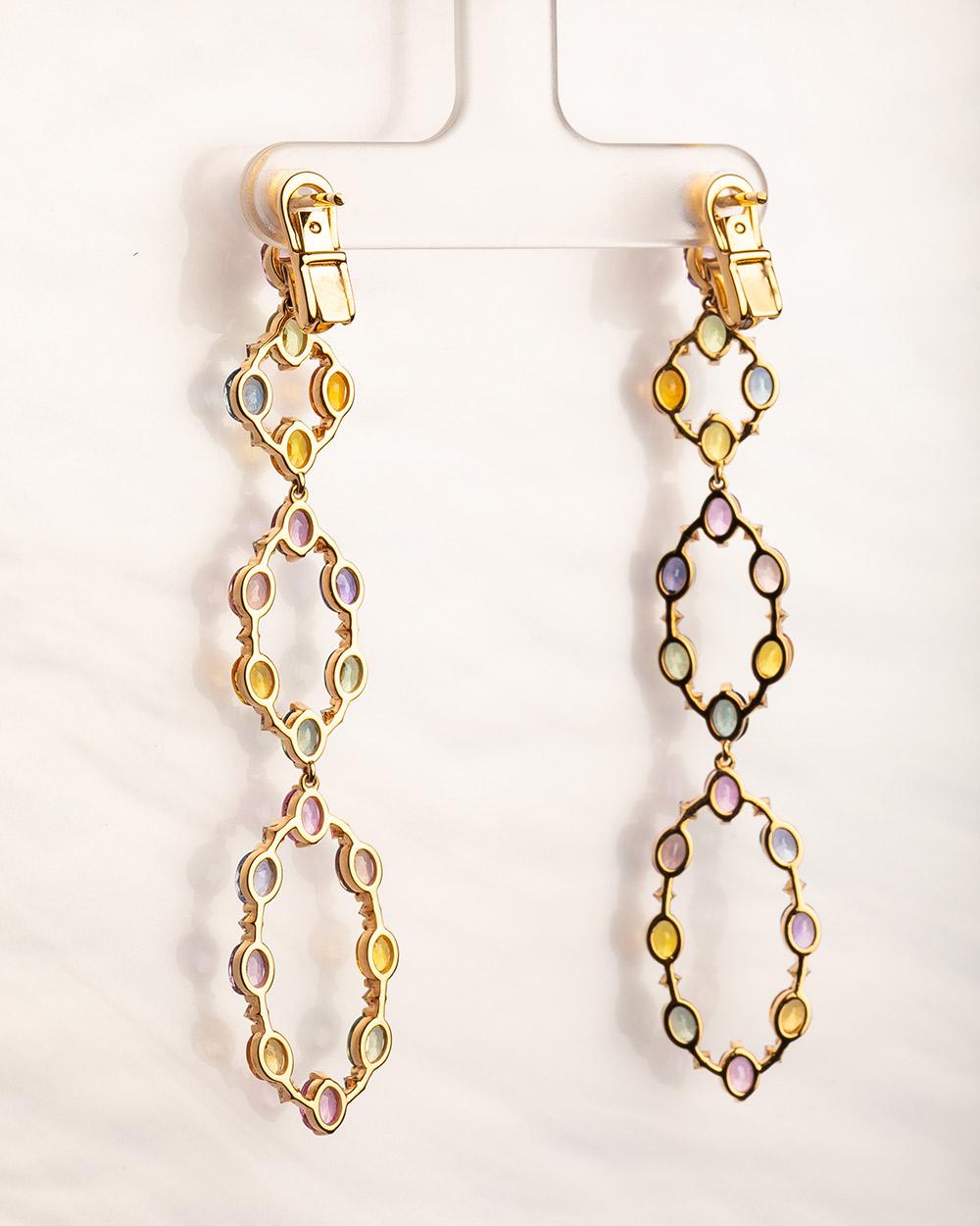 18 Karat Rose Gold Diamond Multi-Coloured Sapphire Chandelier Earrings In New Condition For Sale In Monte-Carlo, MC
