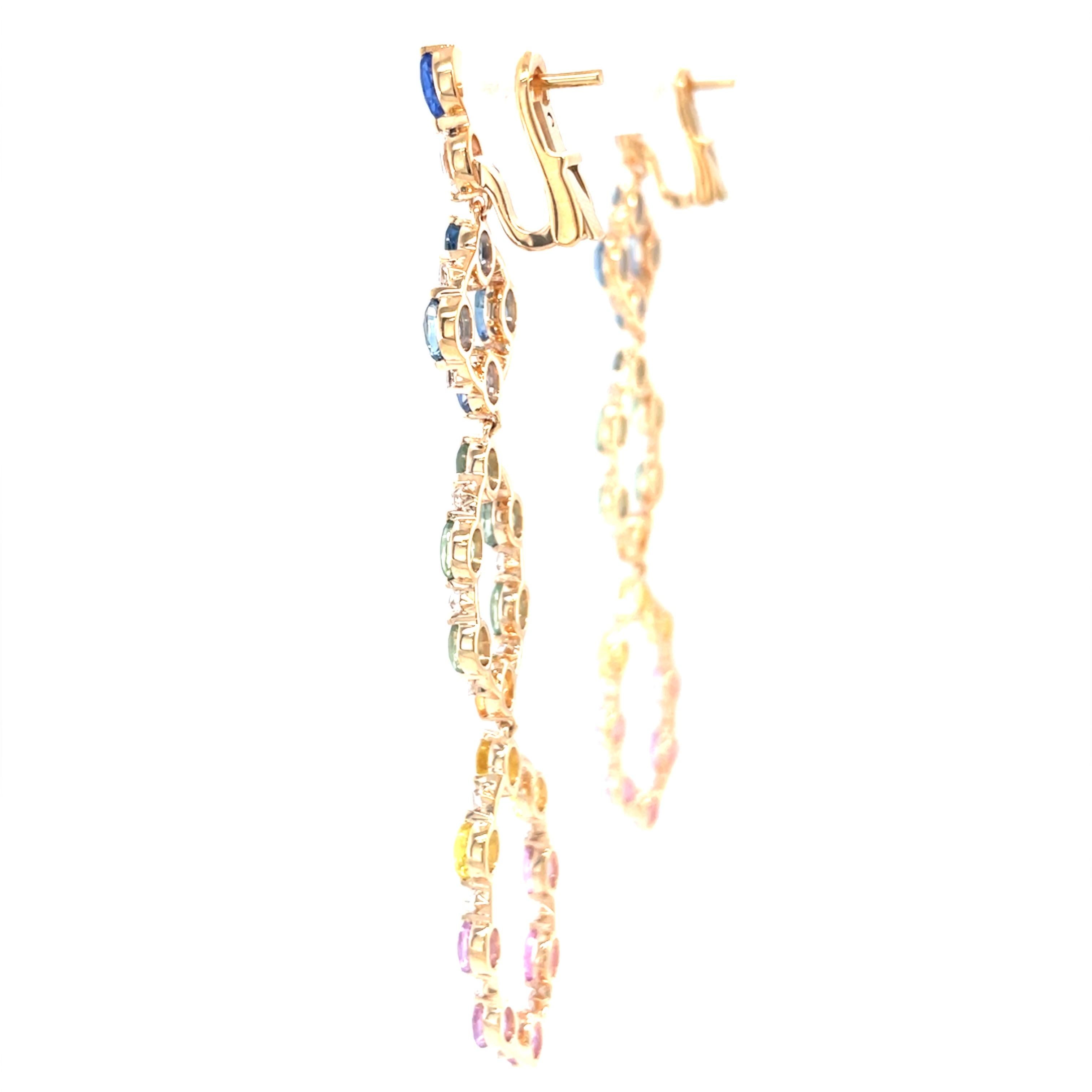 18 Karat Rose Gold Diamond Multi-Coloured Sapphire Chandelier Earrings For Sale 1