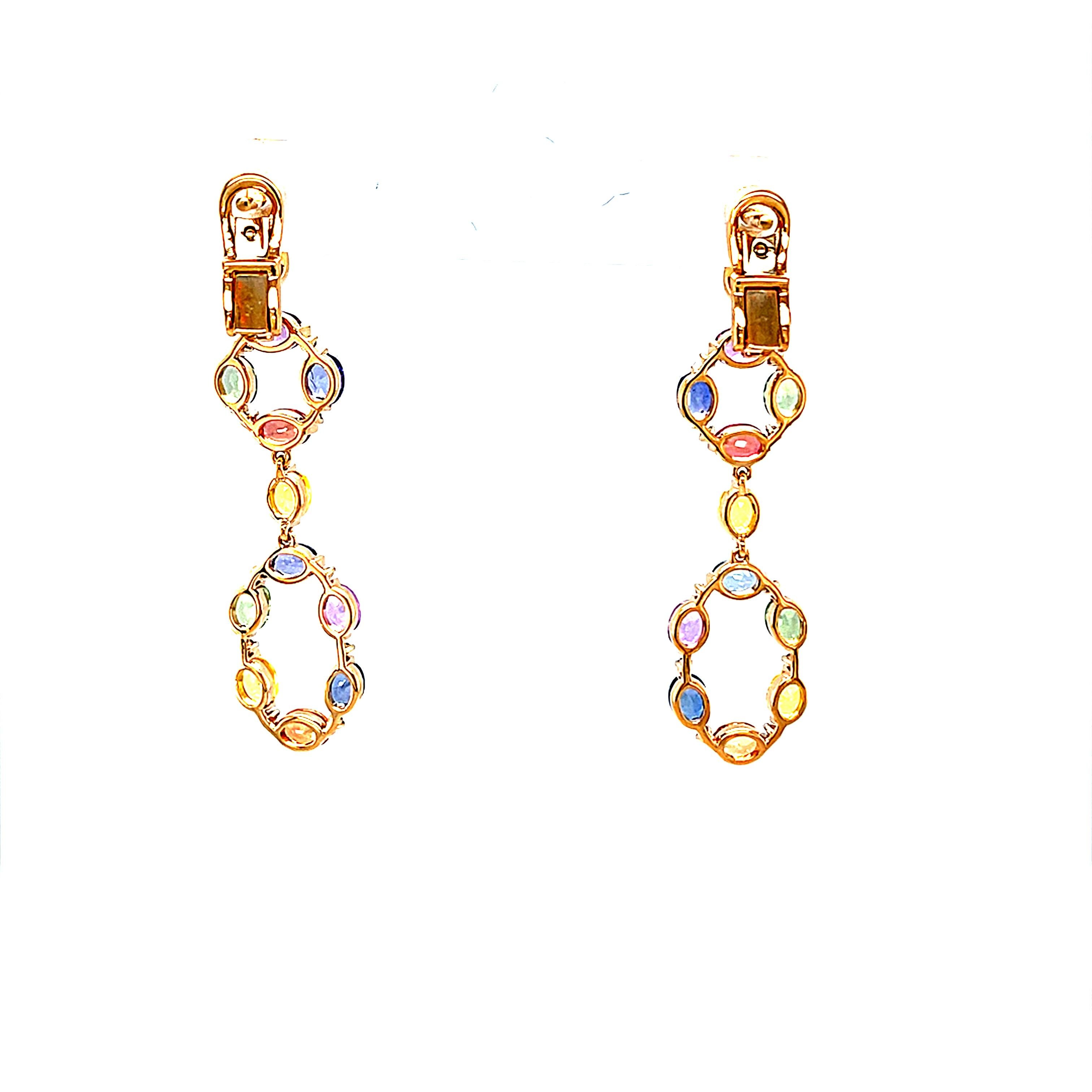 18 Karat Rose Gold Diamond Multi-coloured Sapphire Chandelier Earrings For Sale 3