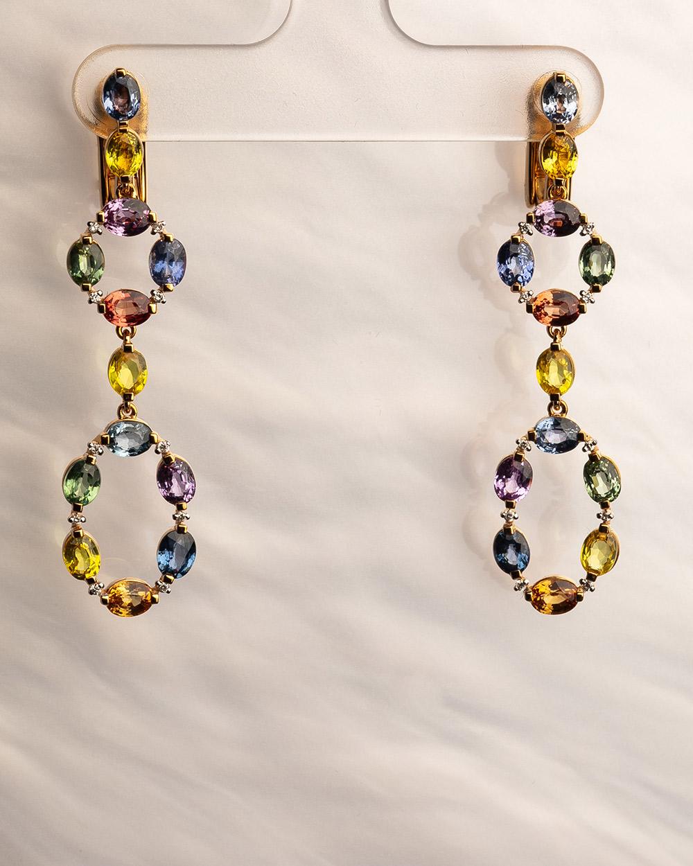 18 Karat Rose Gold Diamond Multi-coloured Sapphire Chandelier Earrings In New Condition For Sale In Monte-Carlo, MC